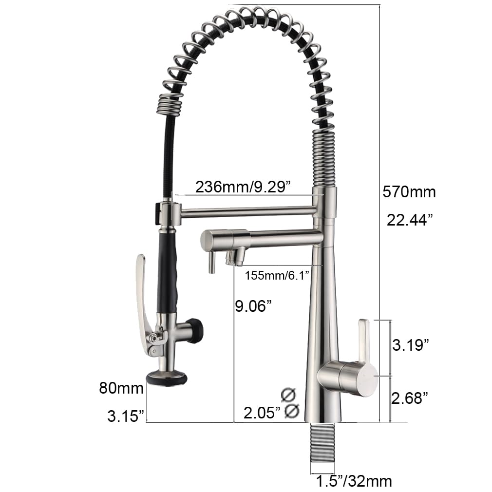Commercial Heavy Duty Spring Single Handle Brass Kitchen Faucet with Pull Down Sprayer & Pot Filler, Stainless Steel Brushed Nickel for Modern Kitchens and Restaurants