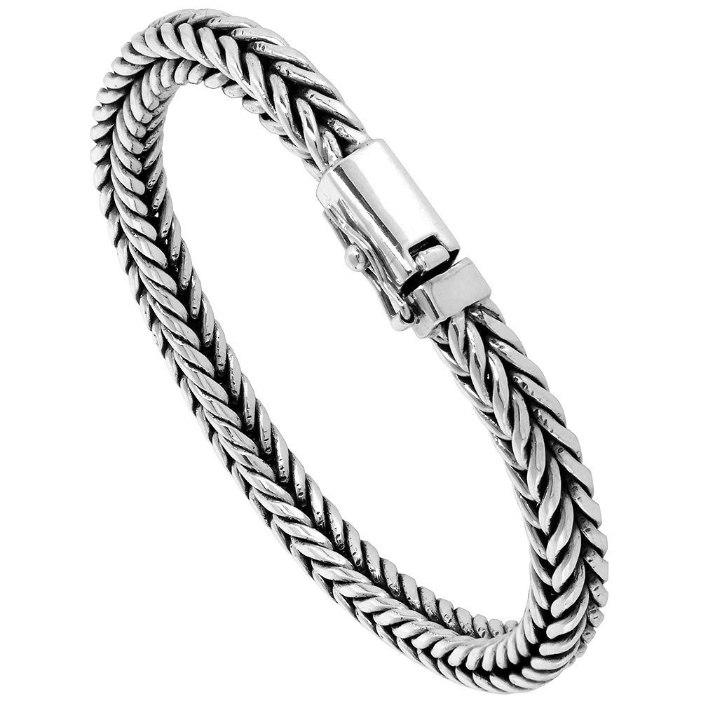 Genuine Bali Handmade Sterling Silver 6mm Square Foxtail Chain Bracelet - Nickel Free, Antiqued Finish (8-9 Inch) - Perfect for Casual Wear, Gifts & Boho Fashion Accessories