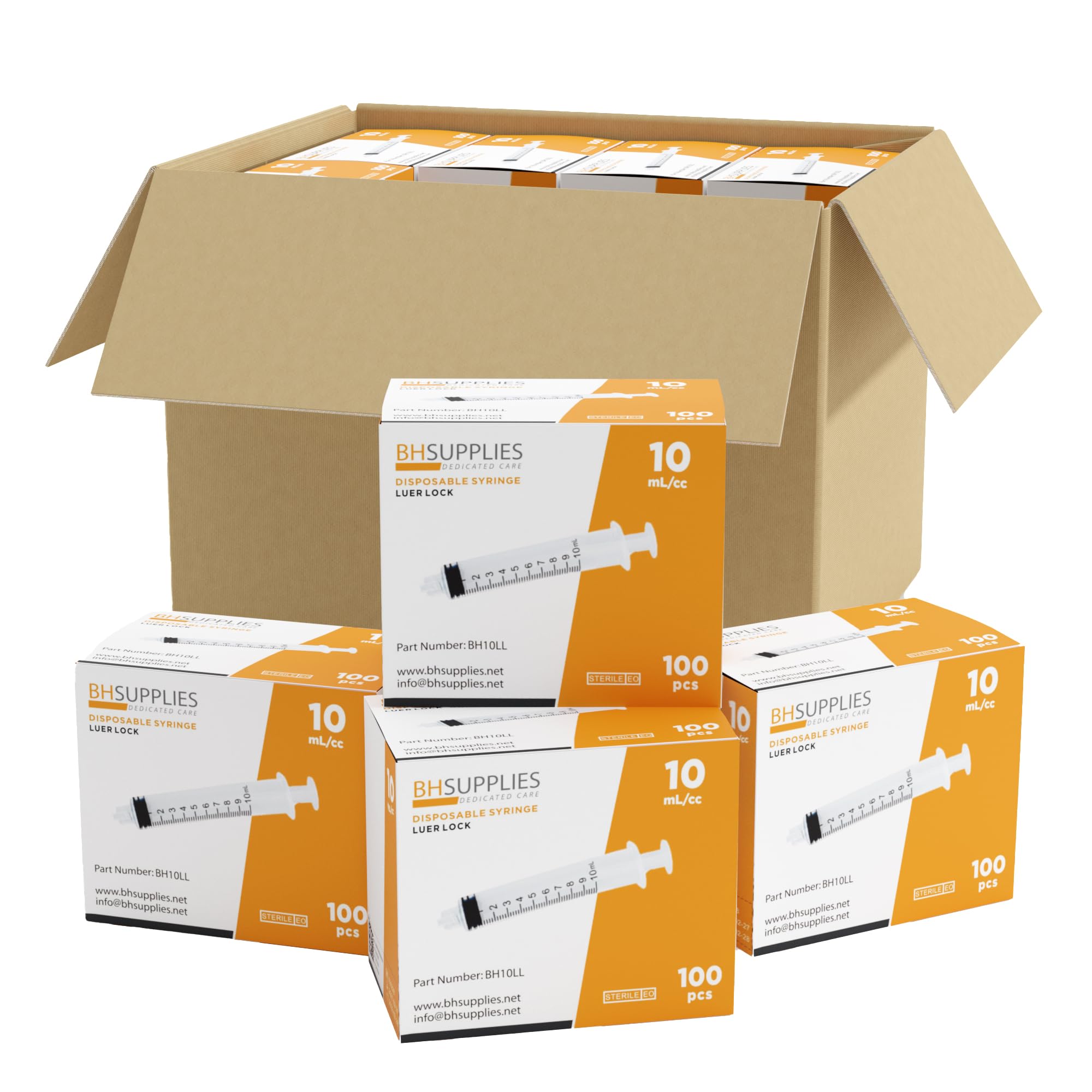 BH Supplies 10ml Luer Lock Tip Syringes (No Needle) - Sterile, Individually Wrapped, Case of 16 Boxes (1600 pcs) - Perfect for Medical, Laboratory, and Veterinary Use