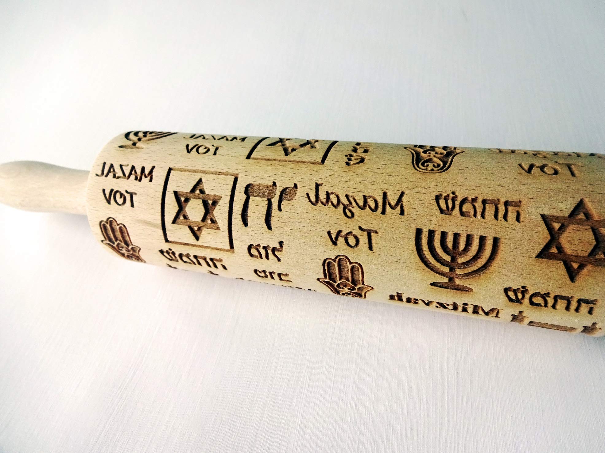 Hanukkah Rolling Pin with Jewish Holiday Symbols - Laser Engraved Dough Roller for Homemade Cookies - Perfect for Holiday Baking and Jewish Tradition Celebrations
