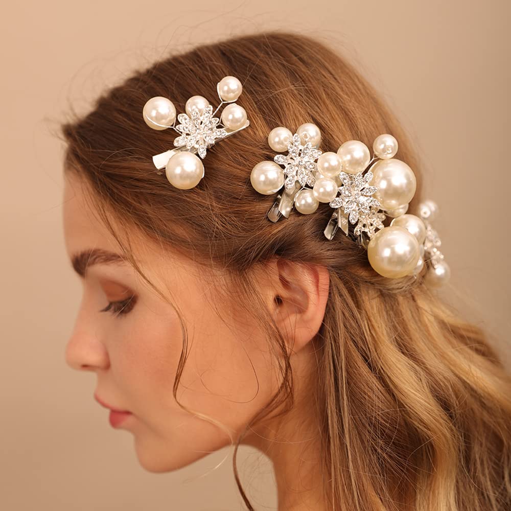 Jumwrit Pearl Rhinestone Bridal Hair Clips - 5PCS Handmade Crystal Wedding Hairpins for Women & Girls | Silver Floral Hair Accessories for Bride & Bridesmaid | Perfect for Weddings, Prom, Parties & Special Occasions