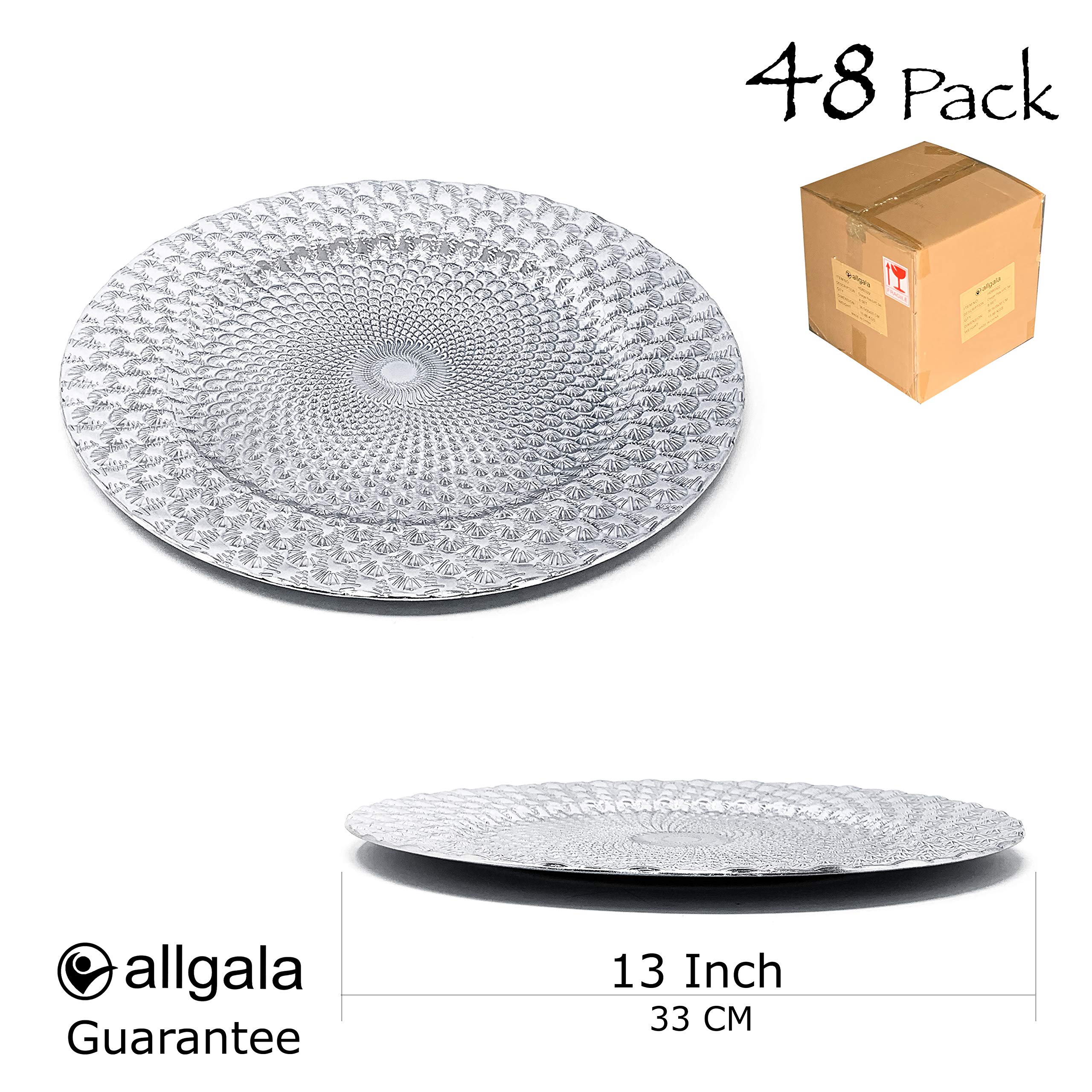 Premium Allgala 13-Inch Heavy Duty Round Charger Plates - Elegant Silver Peacock Design - 48-Pack Dinner Plates Set for Wedding, Thanksgiving & Holiday Table Decor - Perfect for Formal Dining, Buffets & Special Occasions