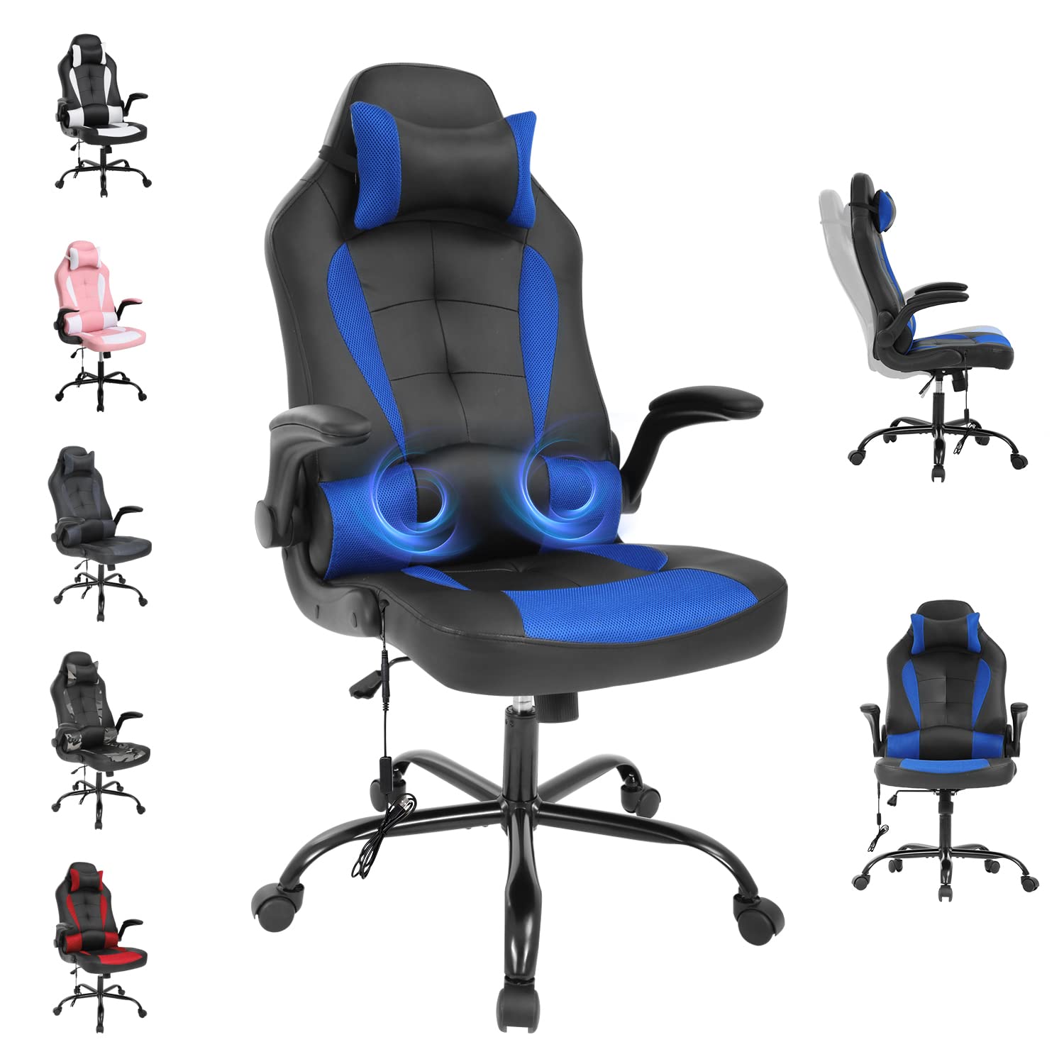 Ergonomic Gaming Chair with Massage - High Back PU Leather Racing Office Chair, Adjustable Swivel Computer Chair for Gamers & Professionals - Perfect for Esports, Home Office & Streaming Setup (Blue)
