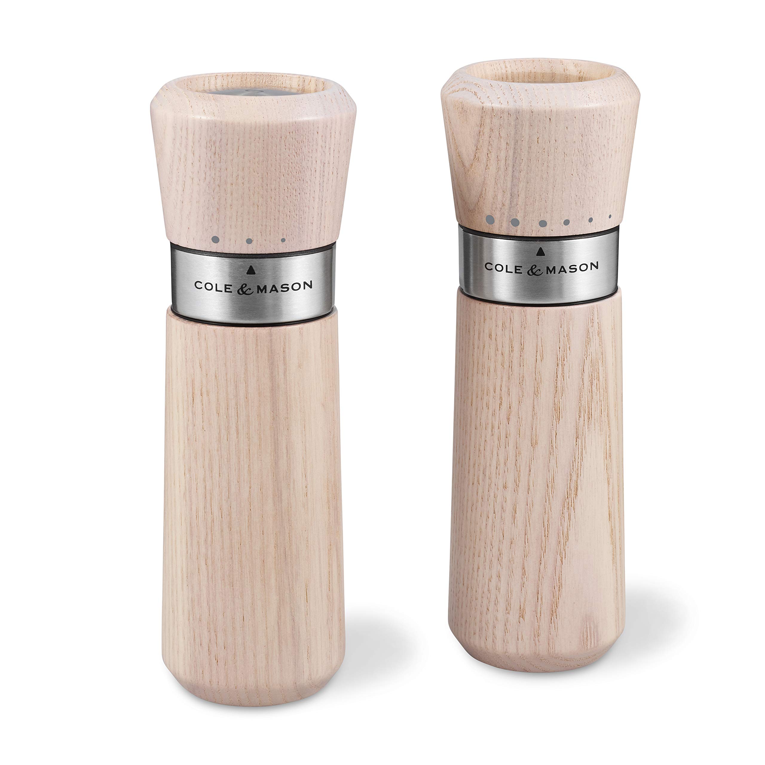 Cole & Mason Lyndhurst Nordic White Salt and Pepper Mills Set - Premium Stainless Steel & Stained Ash Wood - 185mm Gourmet Precision+ Grinders - Perfect for Kitchen, Dining Table & Gift Giving