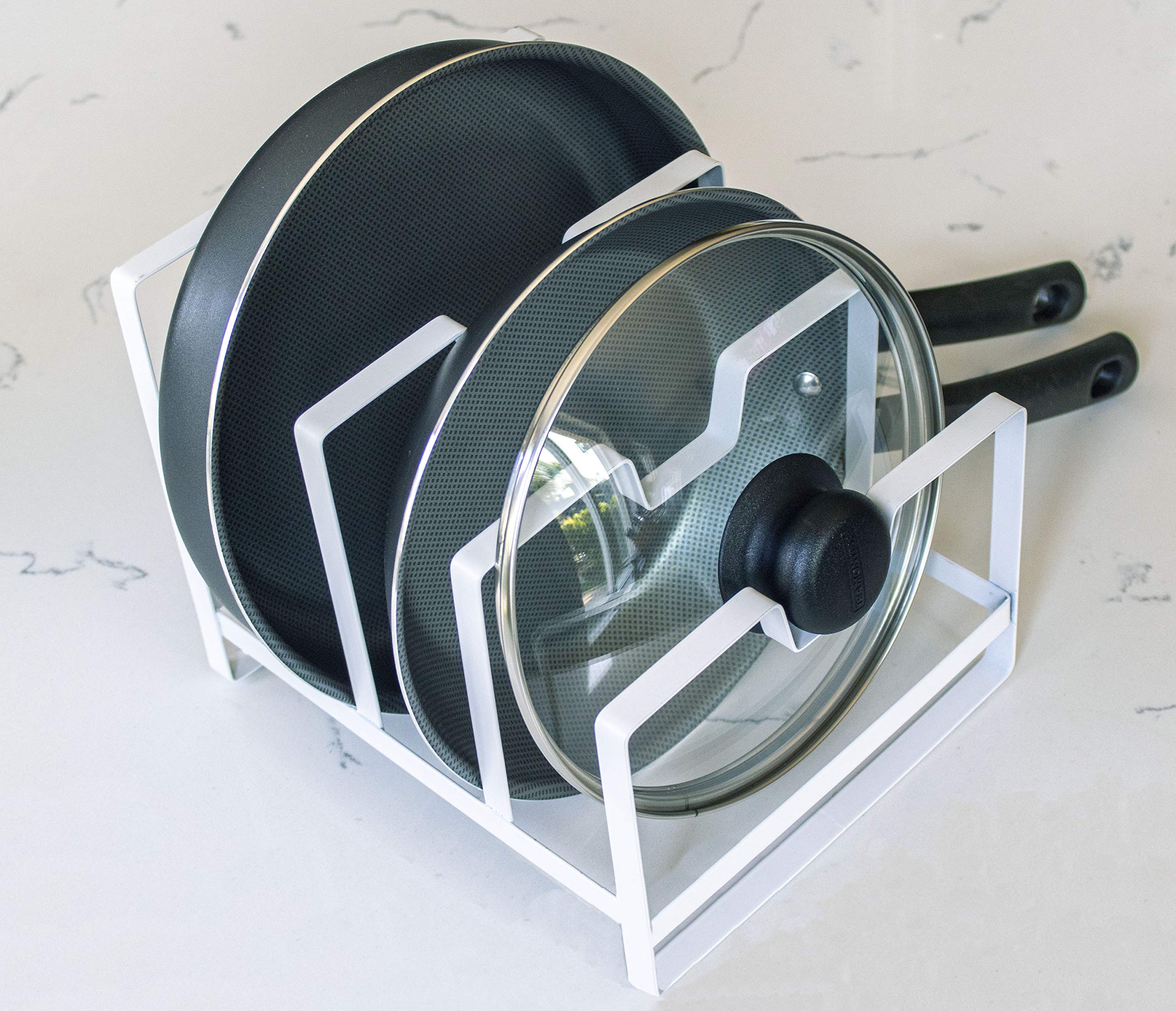 Premium Kitchen Pot and Pan Organizer - Space Saving White Storage Rack for Cookware | Perfect for Small Kitchens, Cabinet & Pantry Organization