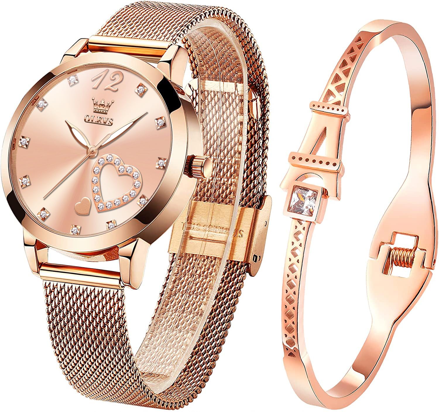 OLEVS Women's Rose Gold Minimalist Analog Quartz Watch with Bracelet Set - Slim Casual Dress Wristwatch, Waterproof Two-Tone for Ladies - Perfect for Everyday Wear, Office, and Special Occasions