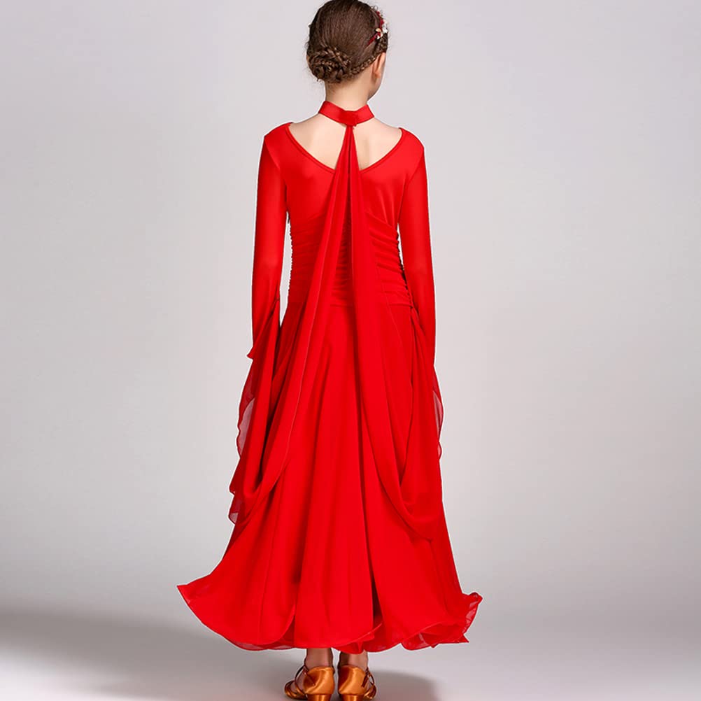 Elegant Kids Long Sleeve Ballroom Dance Dress with Floating Yarn Design - Perfect for Competition, Performance & Special Occasions