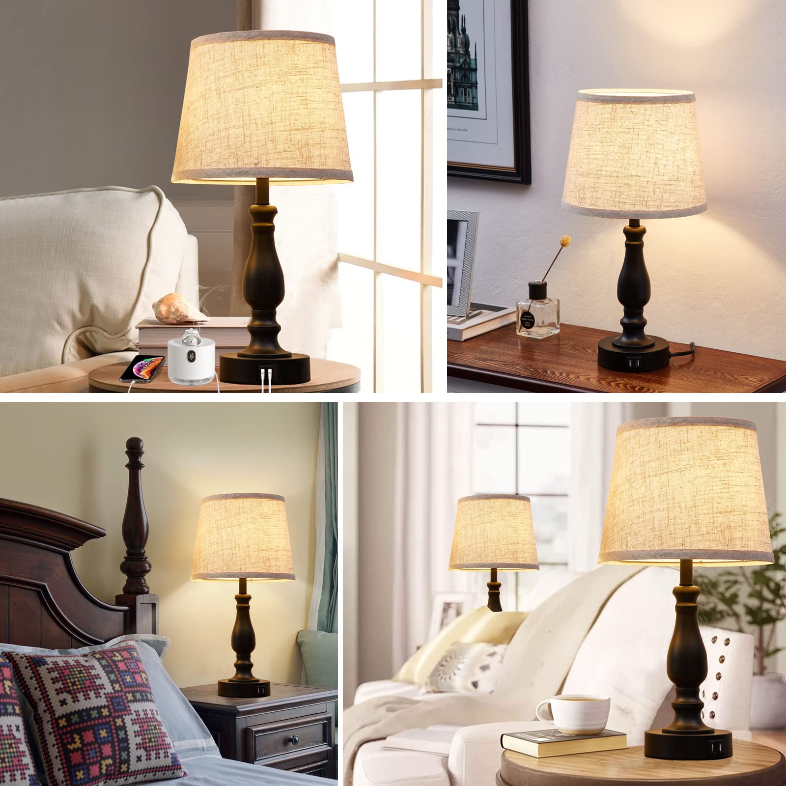 Modern Table Lamps Set of 2 with USB Charging Ports - 3-Way Dimmable Touch Control Nightstand Lamps with Linen Fabric Shade for Bedroom, Living Room, Office (Bulbs Included) | Perfect for Reading, Relaxing & Charging Devices