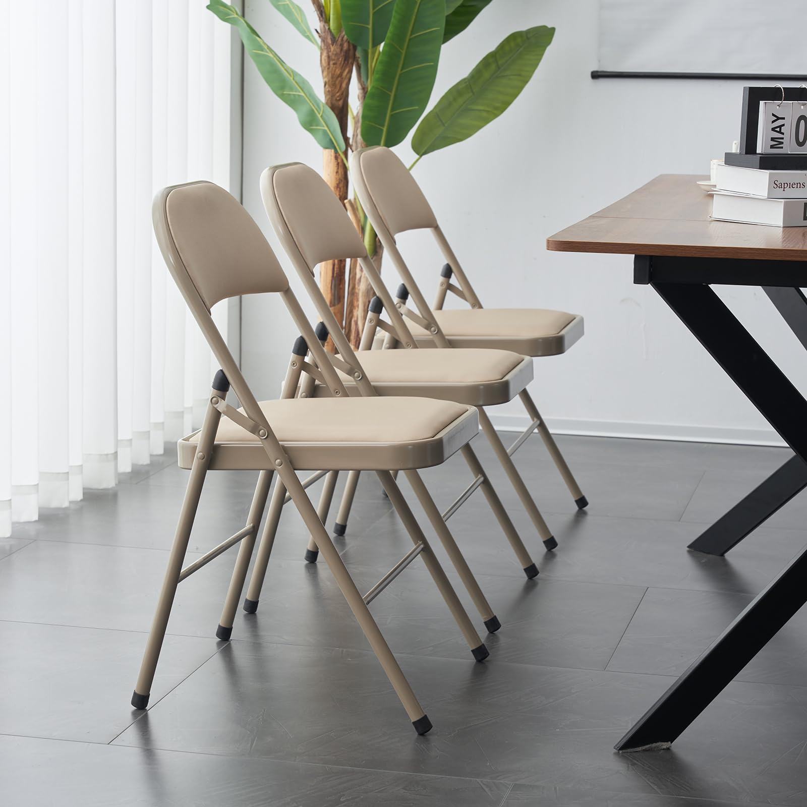 4 Pack Heavy Duty Folding Chairs with Padded Seat & Back Cushion - Steel Frame Stackable Indoor/Outdoor Chairs for Office, Wedding, Party (330lbs Capacity, Khaki) - Perfect for Events, Camping & Home Use