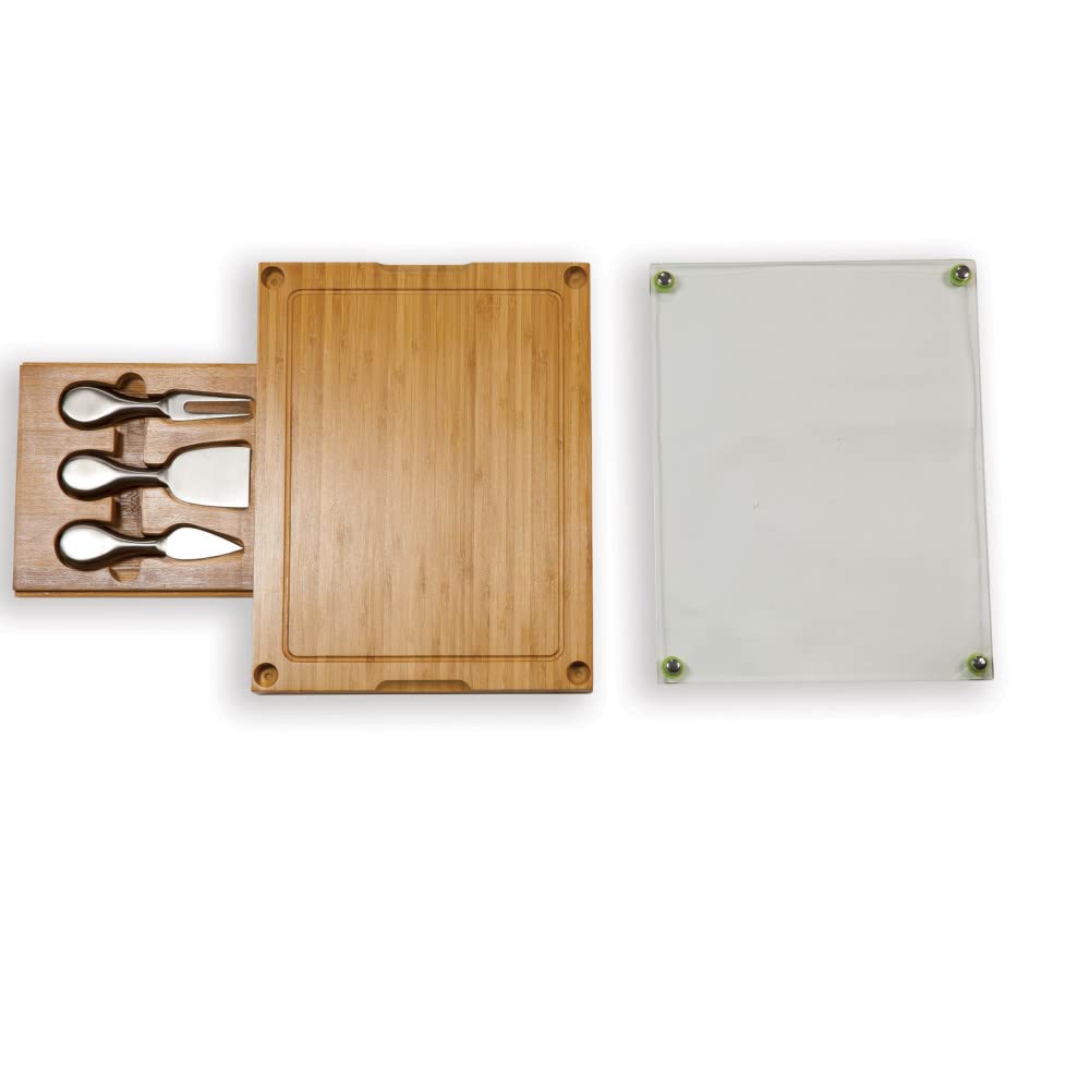PICNIC TIME NCAA Concerto Glass Top Cheese Board and Knife Set - Bamboo Charcuterie Board with Glass Top Cutting Board for Entertaining, Wine Pairing & Party Serving