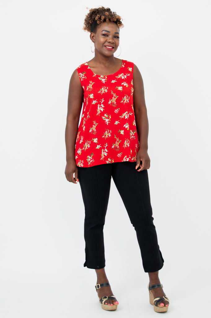 Jimmy Tank Top - Red Ditsy Floral Print Linen Bamboo Blend Women's Casual Shirt for Summer Outfits & Beach Wear
