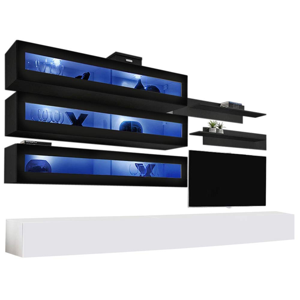 Modern Floating TV Stand with Storage & LED Lights - Wall-Mounted Entertainment Center for Bedroom & Living Room - J2 30TV Console with Shelves in Black/White - Perfect for Small Spaces & Home Theater Setup