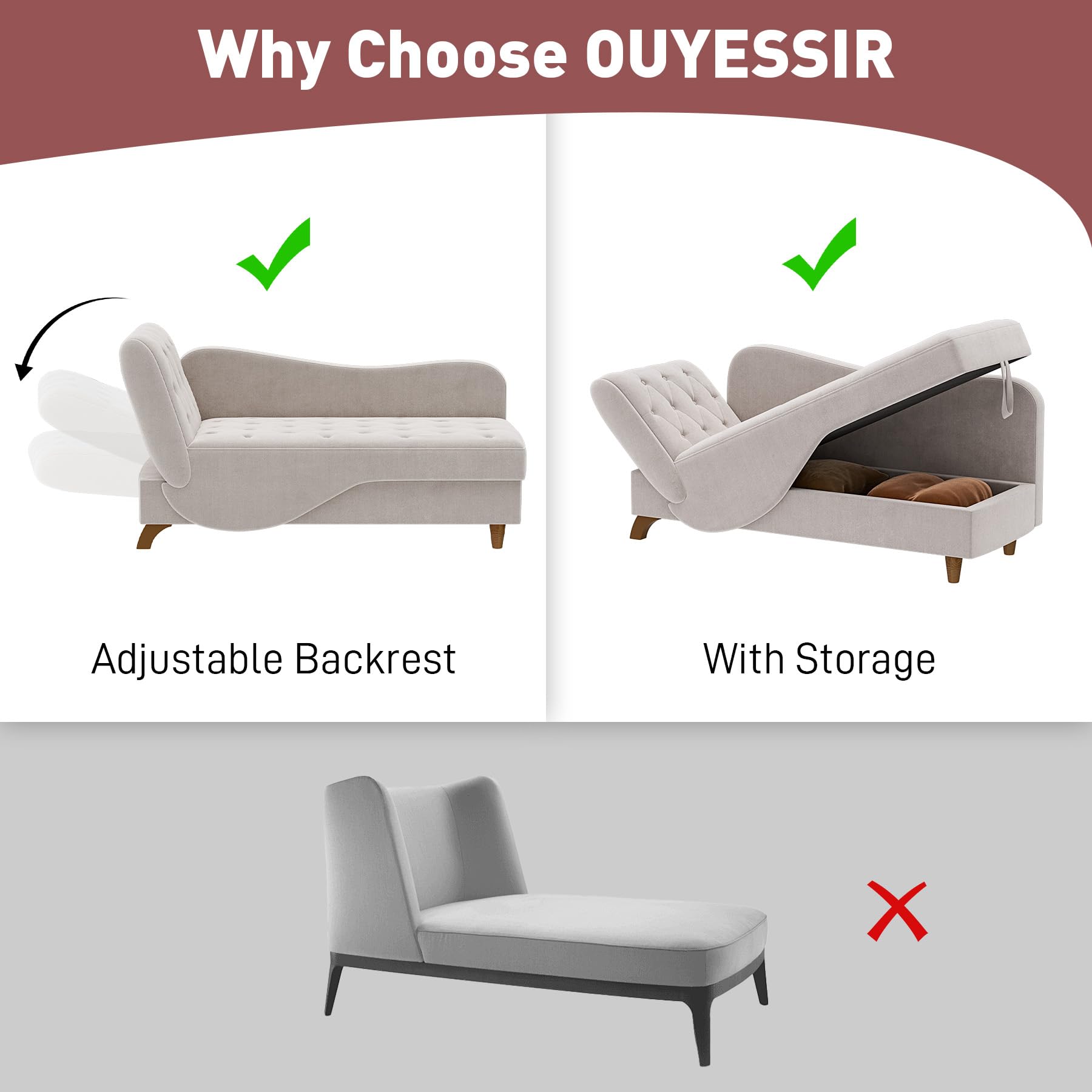 OUYESSIR Velvet Upholstered Chaise Lounge - Adjustable Recliner Sofa with Storage & Pillow, Button Tufted Lounge Chair for Living Room, Bedroom, Office - Grey | Perfect for Relaxing, Reading & Small Space Decor