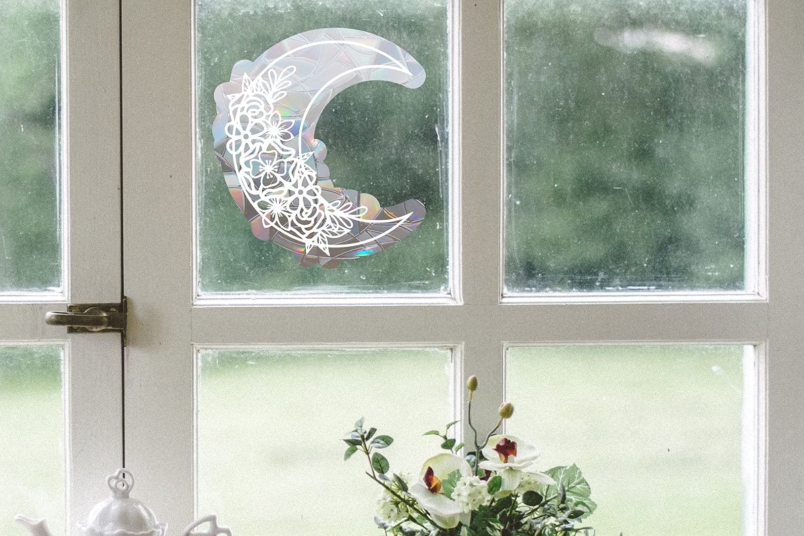 Floral Moon Suncatcher - Crescent Moon Window Decal & Rainbow Maker | Stained Glass Window Sticker for Home Decor, Nursery, Living Room | Creates Beautiful Rainbow Light Patterns