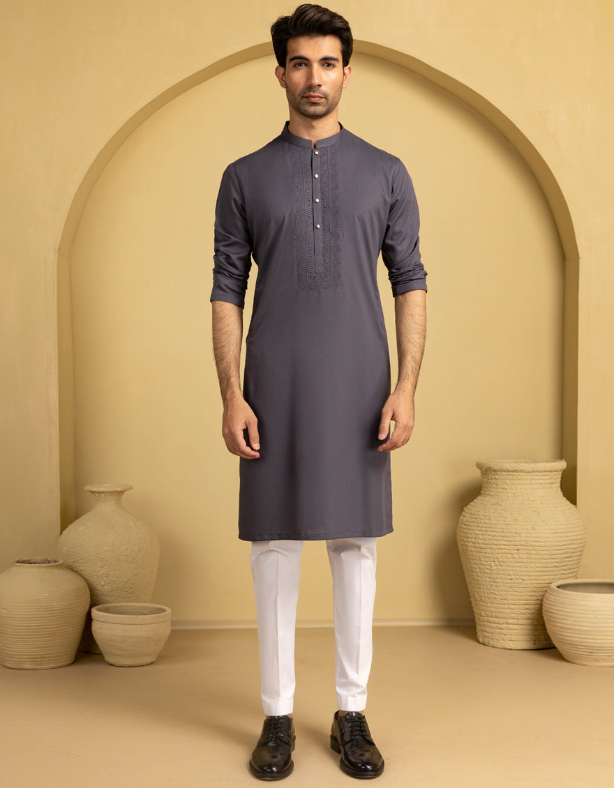 Stylish Blended Grey Kurta by J. Junaid Jamshed - Premium Cotton Ethnic Wear for Men - Perfect for Weddings, Festivals & Casual Outings