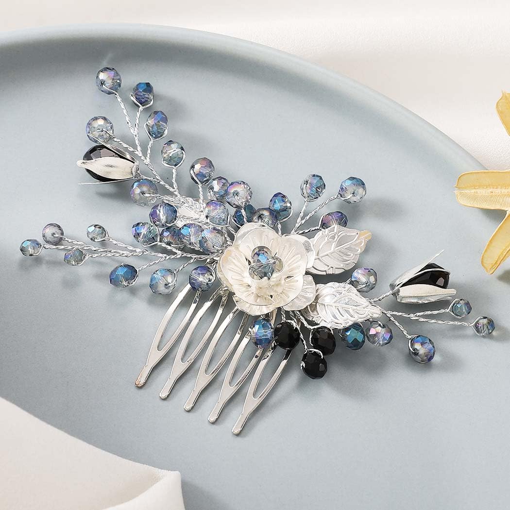 Elegant Silver Bridal Flower Hair Comb with Rhinestones & Beads - Leaf Design Wedding Hair Accessories for Women & Girls - Perfect for Brides, Bridesmaids, and Special Occasions