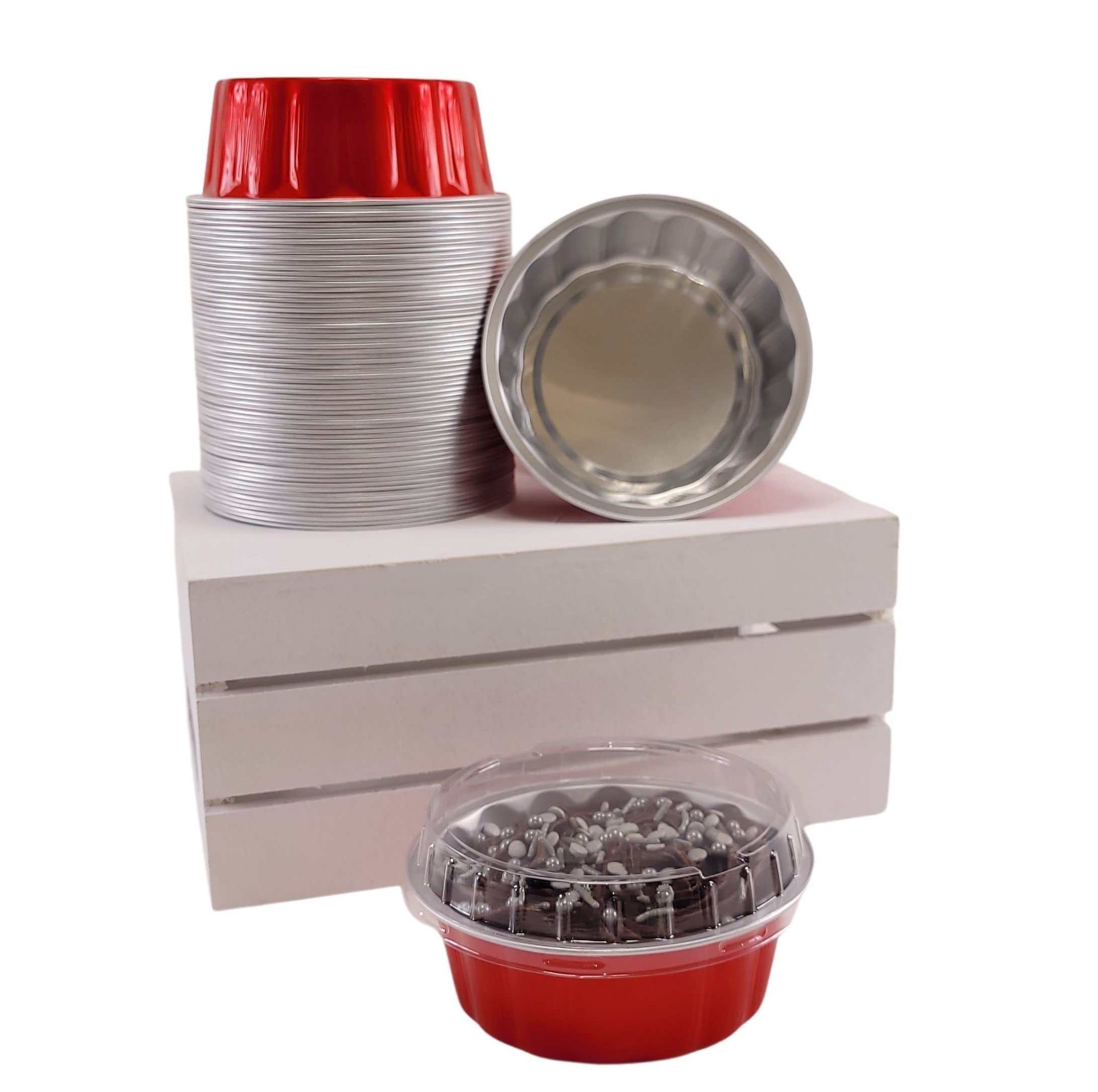 KitchenDance 8oz Disposable Colored Aluminum Foil Dessert Cups with Lids - Round Baking Tart Pans for Cakes, Pies & Pastries - Perfect for Home Baking, Party Serving & Food Storage (1000-Pack, Red)
