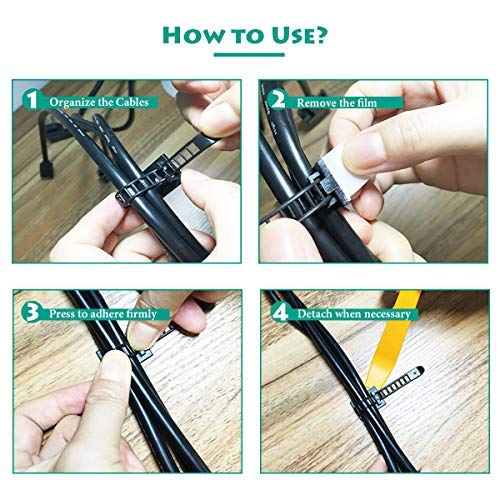 50-Pack Cable Management Kit - Self-Adhesive Cord Clips, Reusable Zip Ties & Wire Organizers for Desk, Home & Office Cable Organization (Black) - Perfect for Computer, TV, Router & Electronics Wire Management