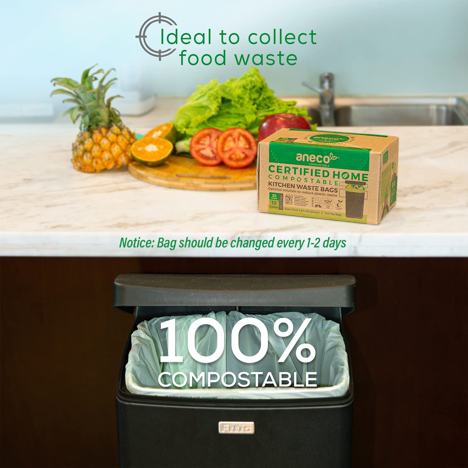 ANECO 100% Compostable Food Waste Bags - 13 Gallon, 35 Count, Extra Thick & Eco-Friendly Kitchen Compost Bags for Tall Trash Bins - Perfect for Organic Waste, Biodegradable Garbage Disposal & Sustainable Home Composting