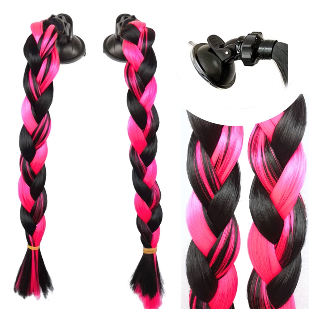 HHongJM Motorcycle Helmet Hair Extensions - Black to Red Ombre Pigtails & Ponytails with Suction Cup (14inch, 2pcs) for Bike Riders - Perfect for Cosplay, Halloween & Motorcycle Events (Helmet Not Included)