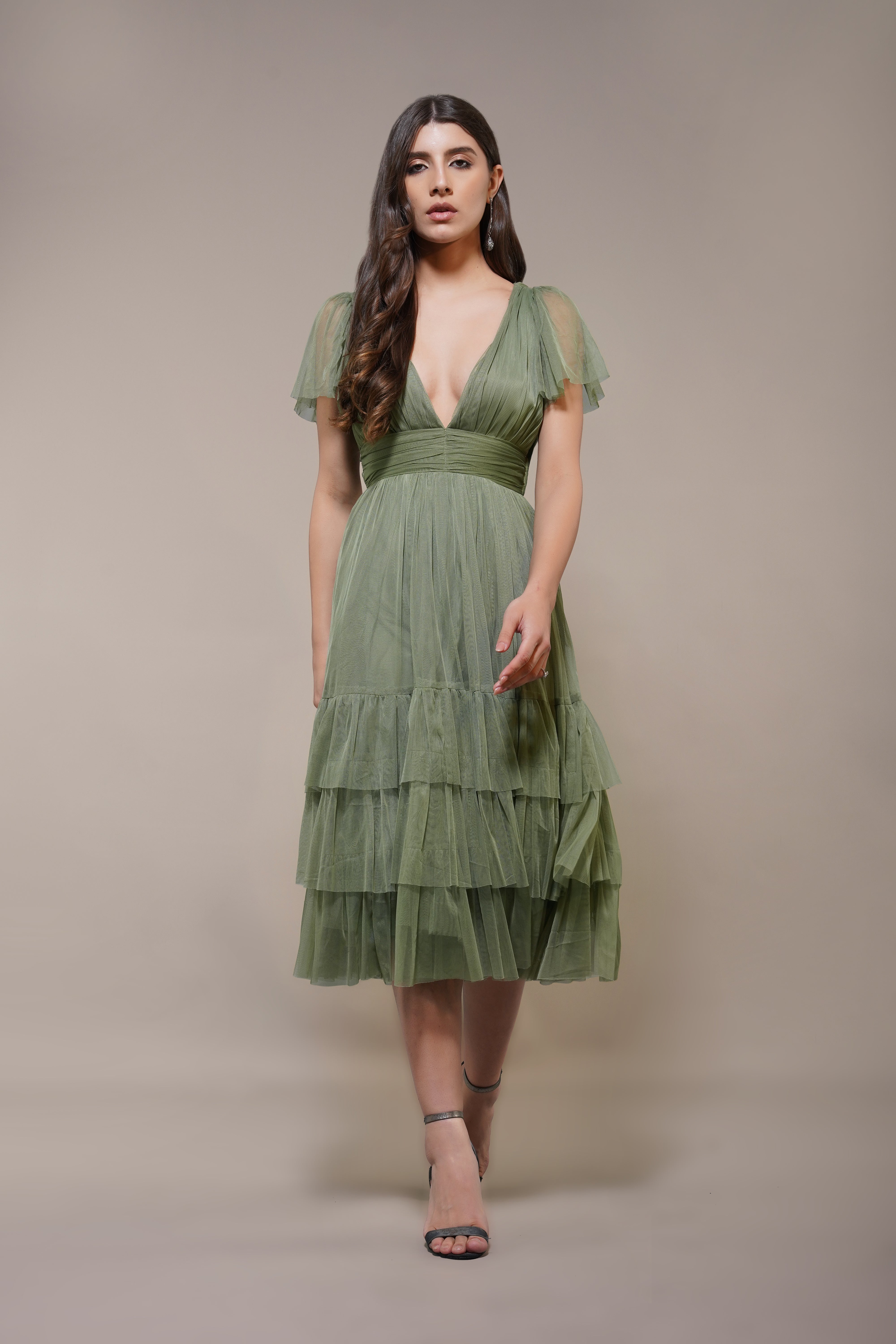 Madison Soft Olive Tulle Bridesmaid Midi Dress - Elegant Wedding Party Gown for Bridesmaids, Formal Occasions & Special Events
