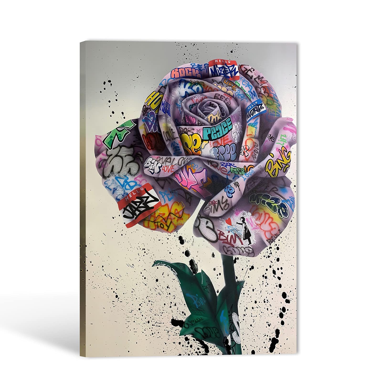 Graffiti Canvas Wall Art - Modern Colorful Street Graffiti Rose Flowers Painting for Living Room, Bedroom & Office Decor - 12x18 Inches - Perfect for Urban Style Home & Workspace Decorations