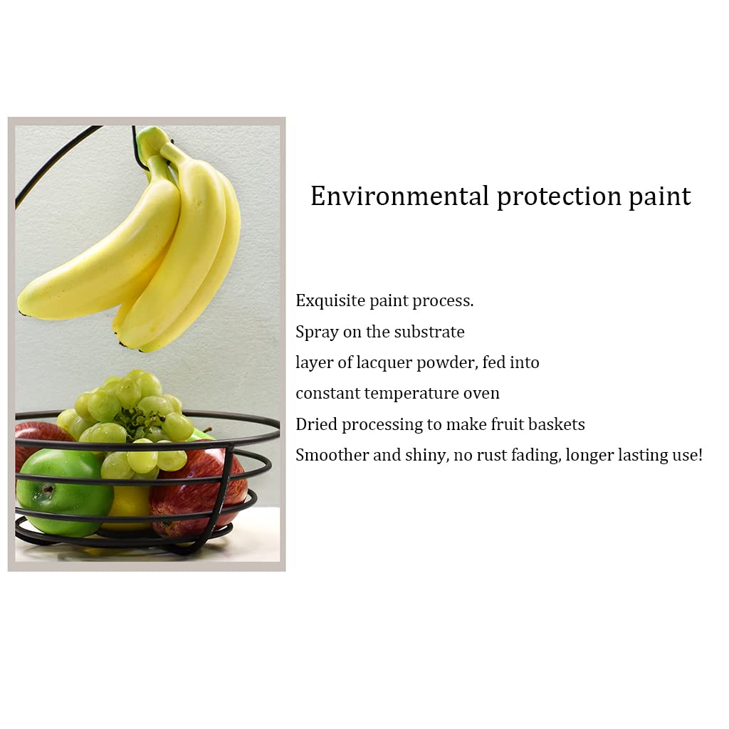 Large Double Layer Wrought Iron Fruit Basket with Banana Hanger - High Capacity Drainable Fruit Bowl for Kitchen, Living Room | Perfect for Organizing Snacks, Displaying Fruits & Home Decor