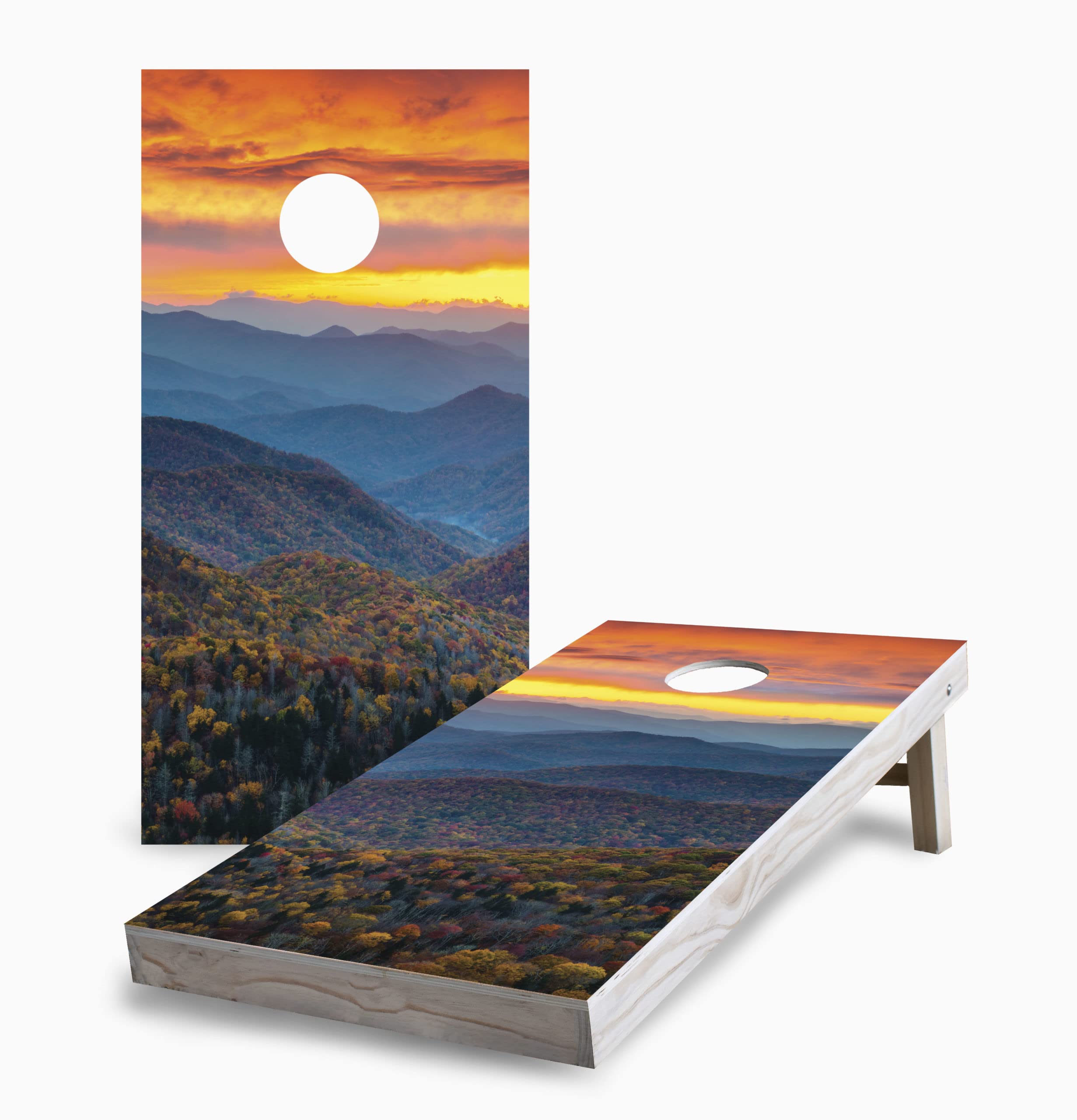 Skip's Garage Sunset Autumn Mountains Corn Hole Board Set with 2 Boards & 8 Bags - Premium Outdoor Lawn Game for Backyard Parties, Tailgating, and Family Gatherings