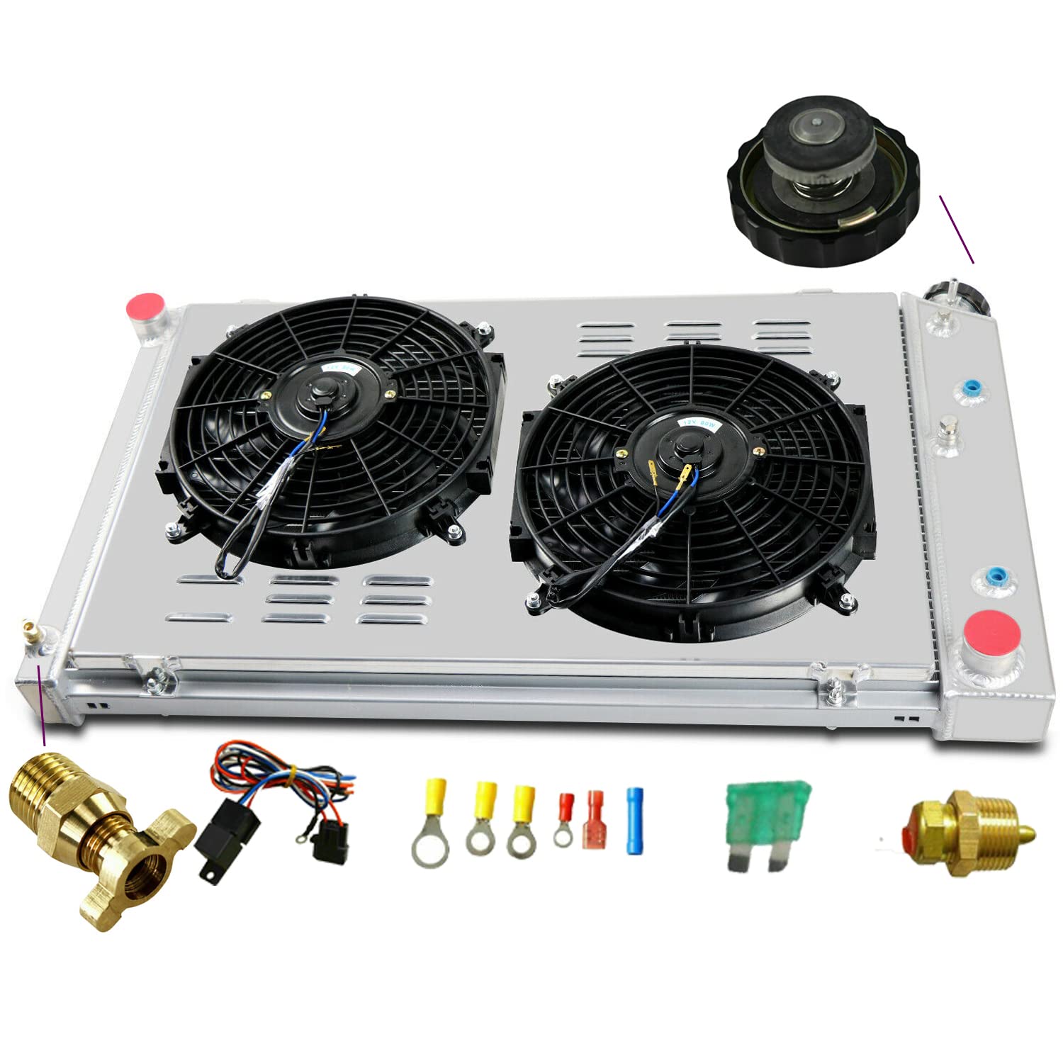 Full Aluminum Radiator Kit with Shroud, Fan & Thermostat for 1973-1990 Chevy Caprice C10 C20 C30 K10 K20 K30 Suburban El Camino Malibu - 4 Row Heavy Duty Cooling System Upgrade for Classic Trucks & SUVs