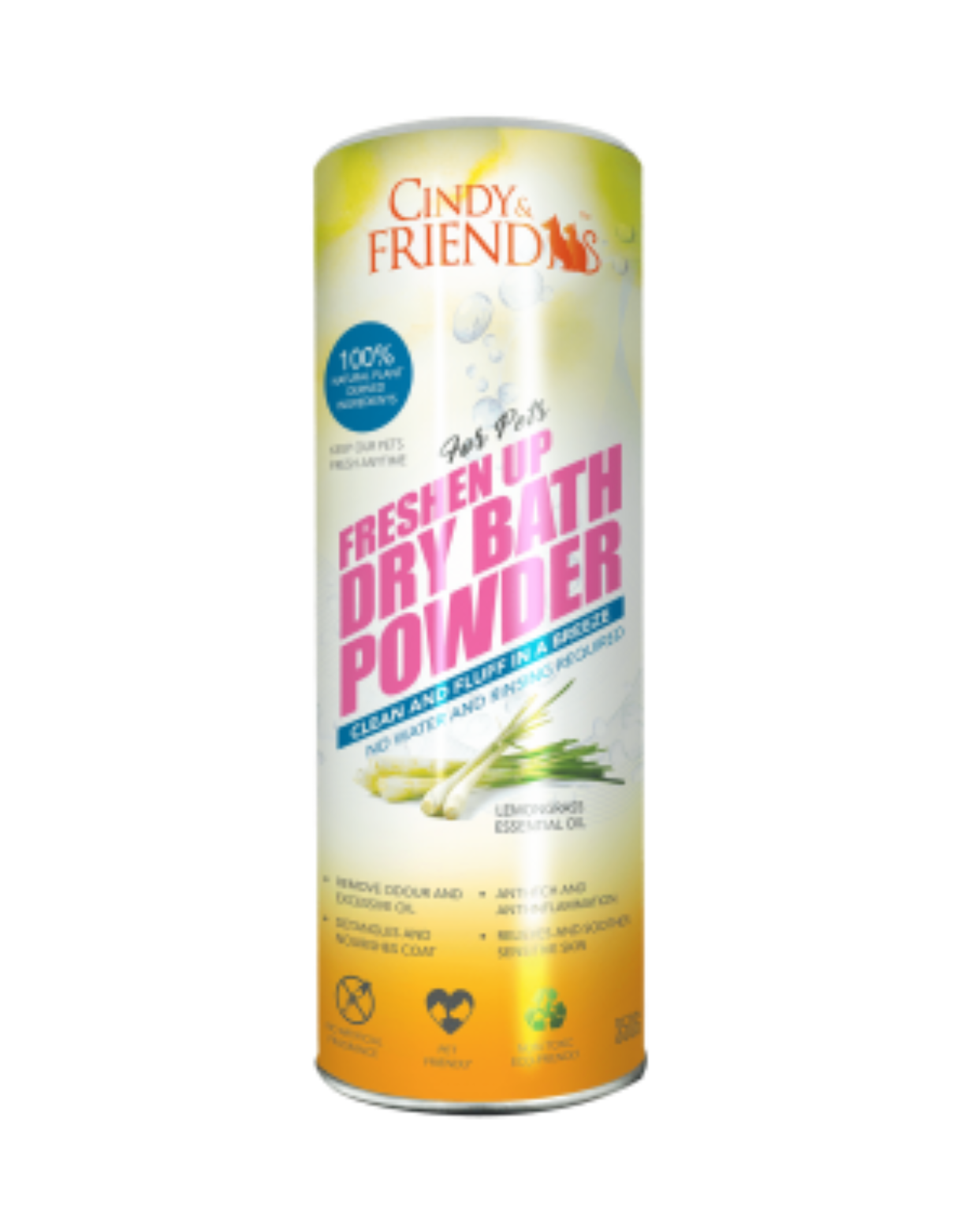 **Cindy & Friends Lemongrass Dry Bath Powder for Dogs & Cats - 350g | Waterless Pet Shampoo for Quick Cleaning, Odor Control & Fresh Scent | Perfect for Travel, Grooming & Sensitive Skin**