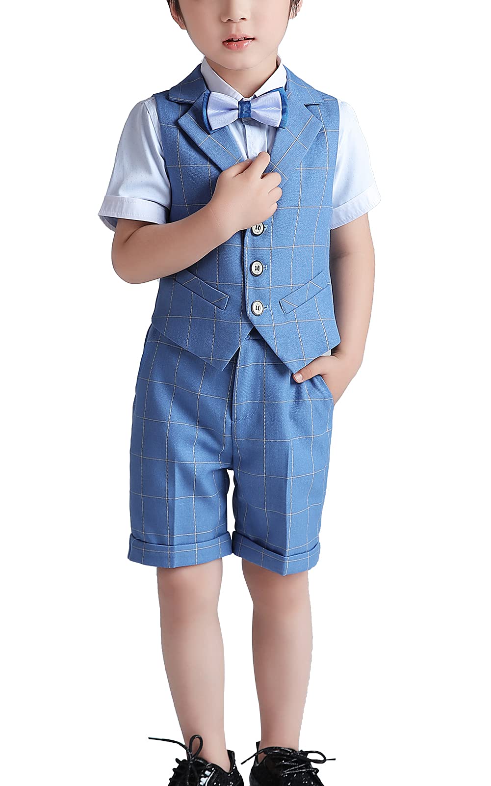Boys Formal Suit Set - Short Sleeve Dress Shirt with Pants, Shorts, Vest, Suspenders & Tie | Wedding, Party & Special Occasion Outfit