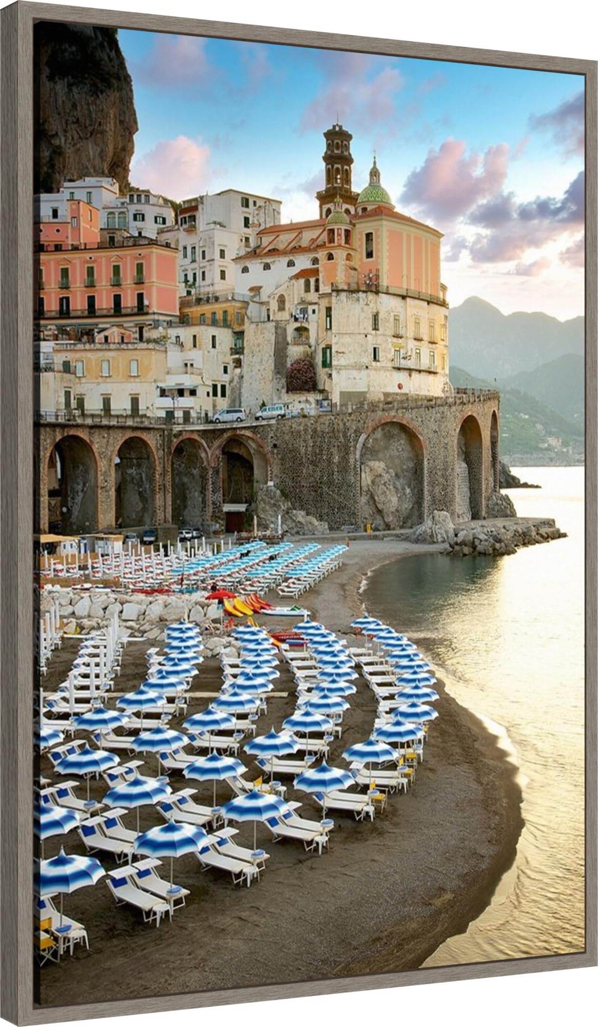 Amanti Art Framed Canvas Wall Art - 33x23 Sunrise Atrani Coastal Painting by Alan Blaustein | Beach Landscape Artwork, Rustic Home Decor | Perfect for Living Room, Bedroom, Bathroom & Office Wall Decor | Coastal Theme Interior Design