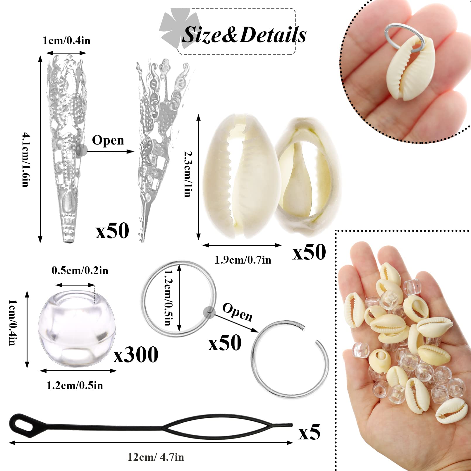 455 Pcs Clear Beads Dreadlocks Accessories for Women - Silver Metal Clips & Shell Pendants for Cornrow Braids & Locs Hair Jewelry | Perfect for Boho, Festival & Everyday Hair Decoration