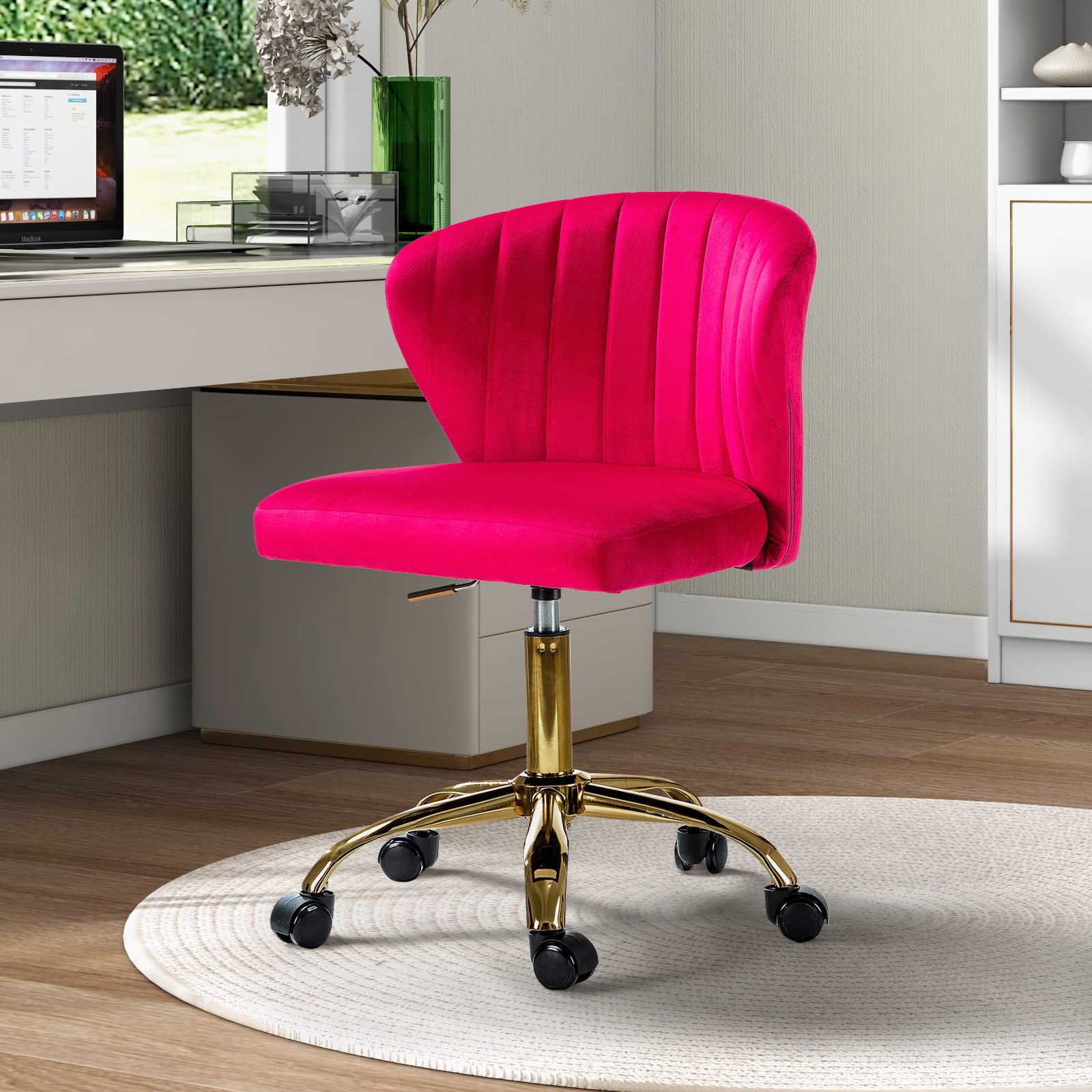 Modern Velvet Swivel Office Chair with Wheels & Gold Base - Adjustable Low Back Armless Task Chair for Home Office, Study, Living Room & Vanity - Comfortable Upholstered Rolling Chair in Fuchsia Pink (Perfect for Small Spaces & Cozy Workspaces)