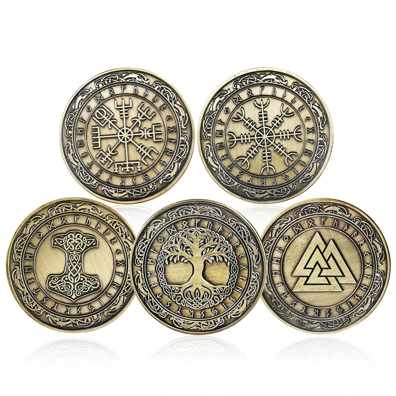 Viking Rune Coin Set of 5 - Norse Mythology Amulet Necklace - Viking Jewelry Gifts for Men & Women - Perfect for Cosplay, LARP, Historical Reenactment & Viking Enthusiasts