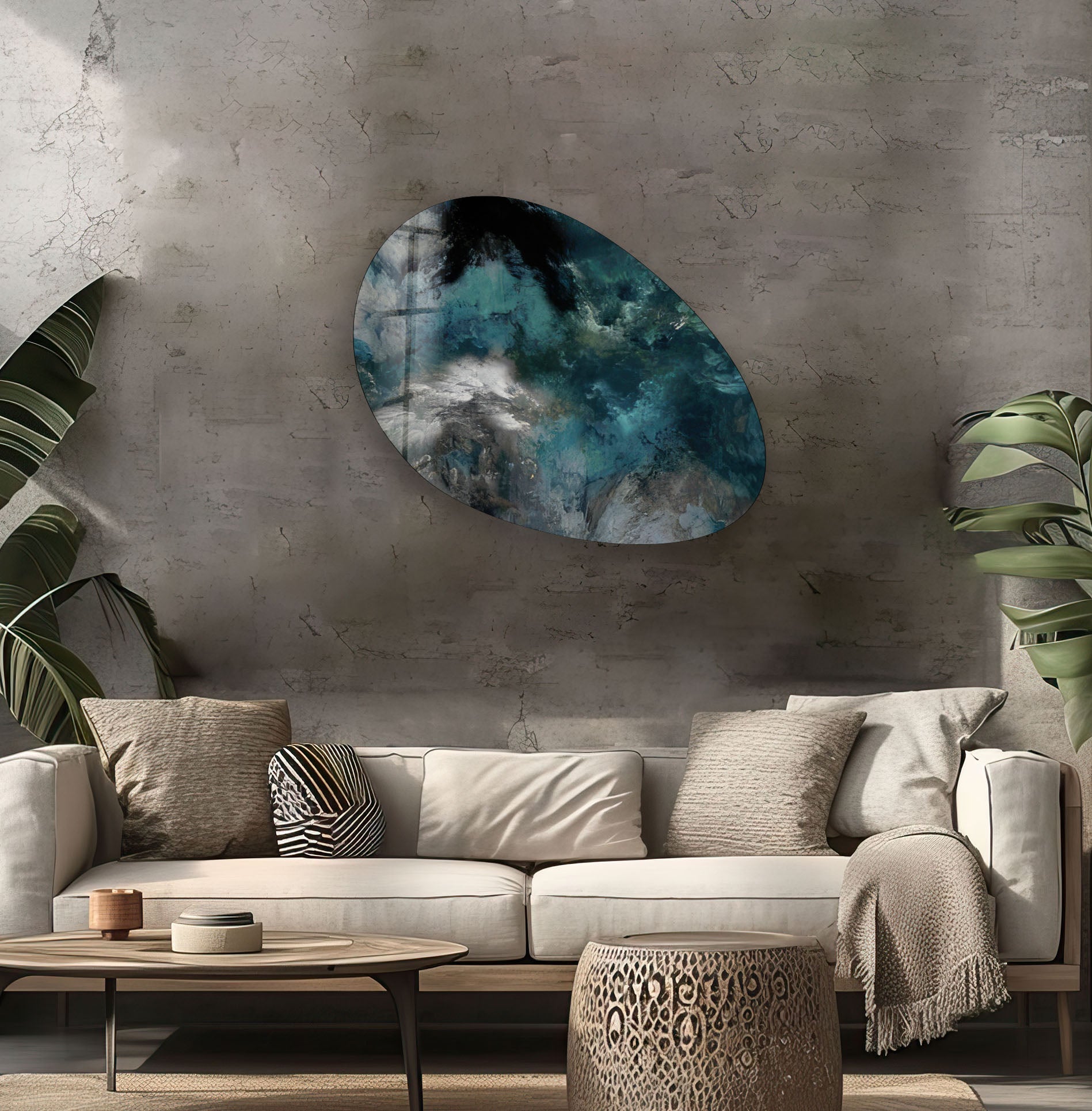 Abstract Dark Green Oval Glass Wall Art - Modern Home Decor for Living Room, Bedroom & Office - Handmade Glass Artwork for Unique Interior Design