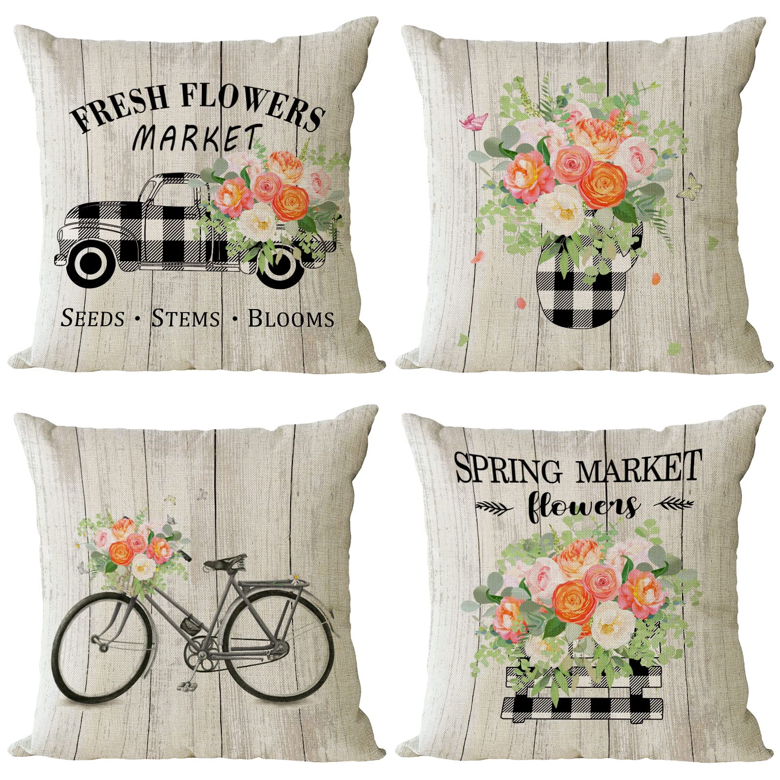 Farmhouse Floral & Buffalo Plaid Spring Throw Pillow Covers Set of 4 - 26x26 Inch Decorative Cushion Covers for Sofa, Couch, Bed & Porch - Perfect for Spring & Summer Home Decor, Living Room, Bedroom & Outdoor Use