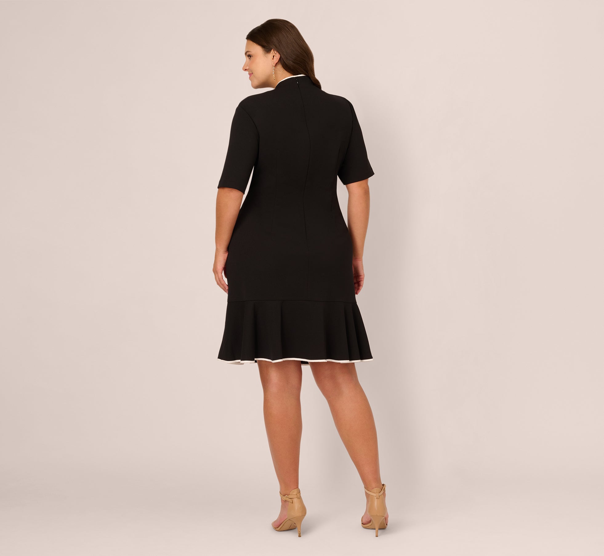 Elegant Plus Size Mock Neck Dress with Contrasting Bowtie - Black & Ivory - Perfect for Office Wear, Cocktail Parties & Special Occasions