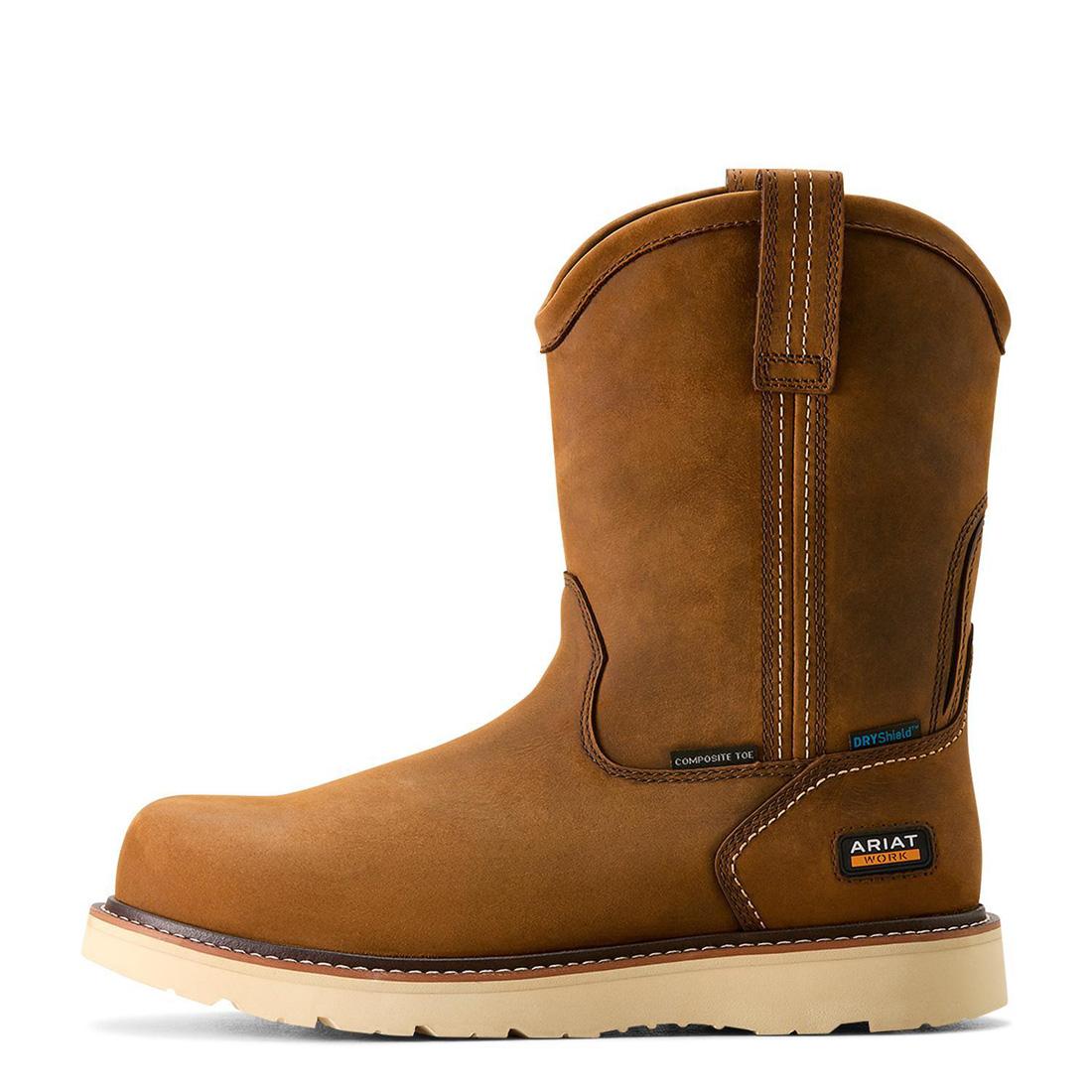 Rebar Composite Toe Waterproof Pull-On Wedge Work Boots - Distressed Brown for Construction, Landscaping & Outdoor Work