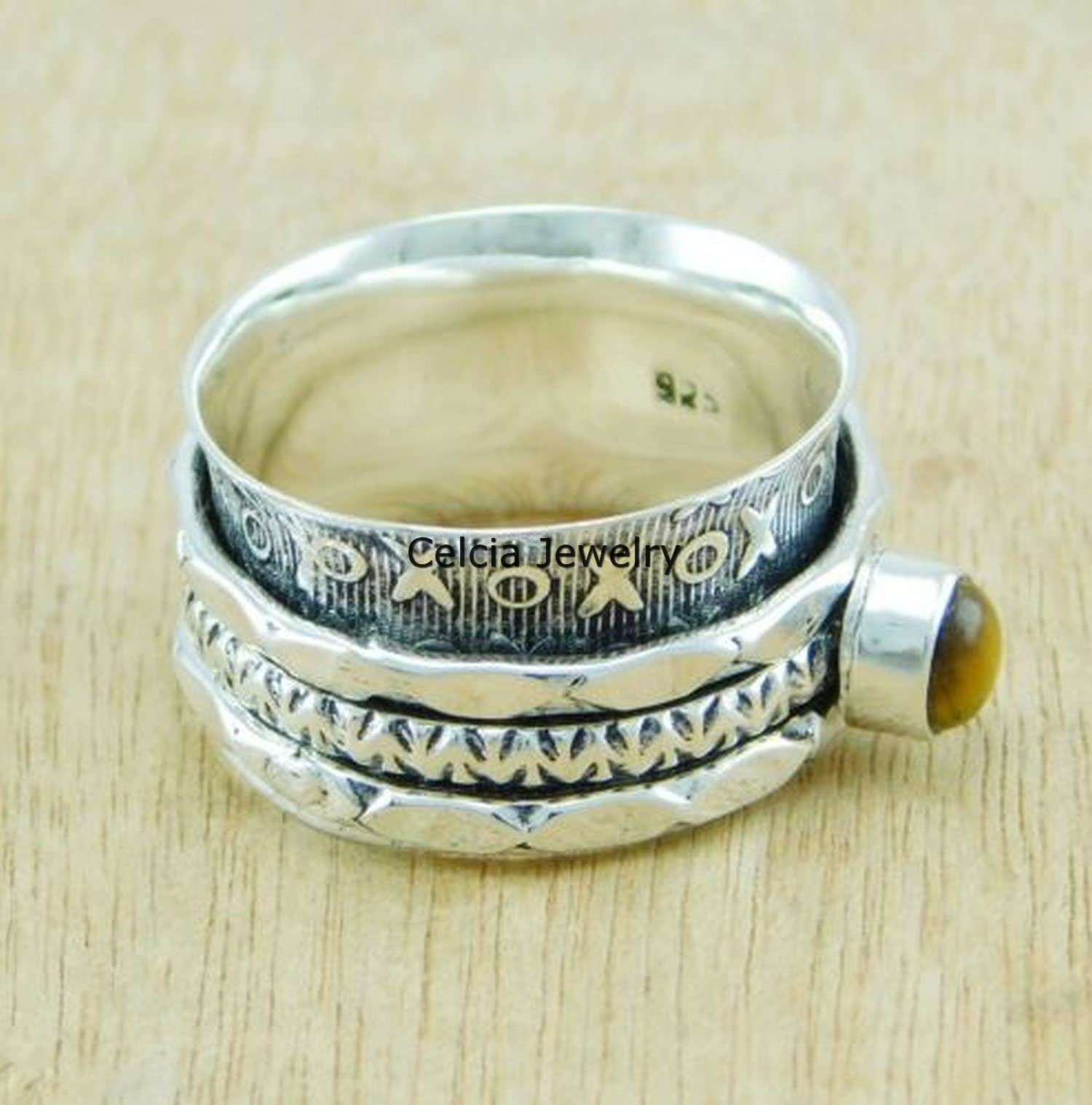 Genuine Tiger Eye Gemstone Handmade Sterling Silver Spinner Ring - 925 Silver Meditation & Anxiety Relief Jewelry for Men & Women - US Size 7 - Perfect for Stress Relief, Mindfulness Practice & Everyday Wear
