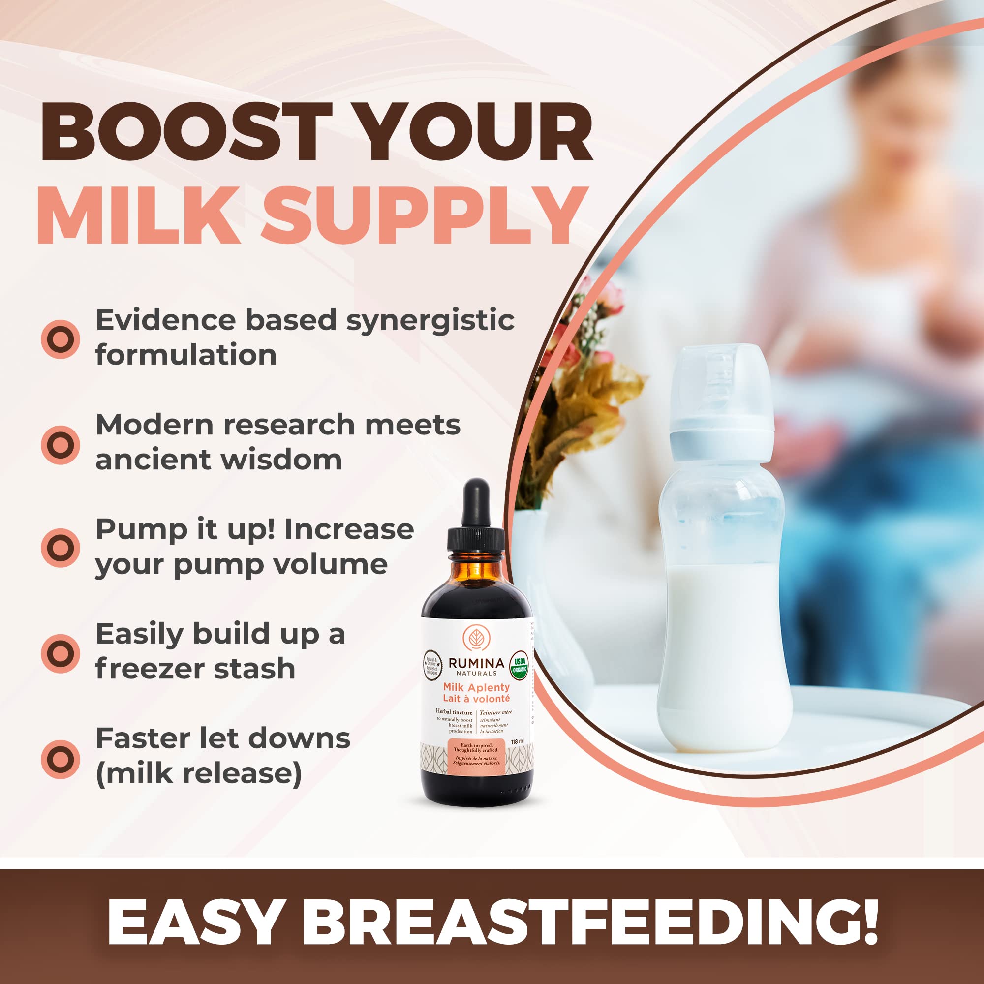Organic Lactation Supplement for Breastfeeding Moms - Milk Aplenty Natural Breast Milk Booster, Fenugreek-Free & Vegan Certified (4 Oz) | Increase Milk Supply for Nursing, Pumping & Postpartum Recovery