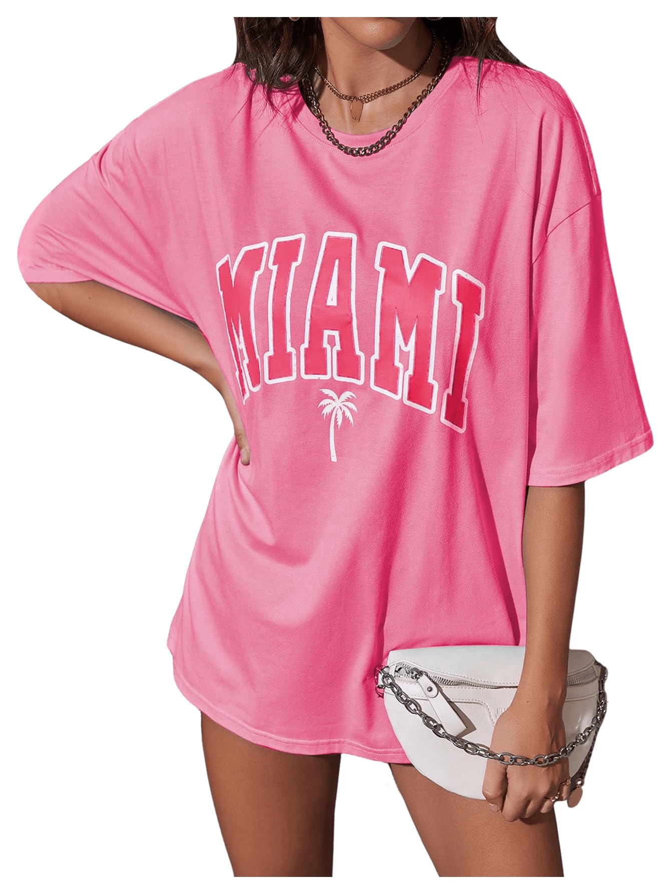 SOLY HUX Women's Oversized T-Shirt - Letter Print Casual Summer Graphic Tee - Pink Medium Size - Perfect for Streetwear, Beach Outfits & Everyday Comfort