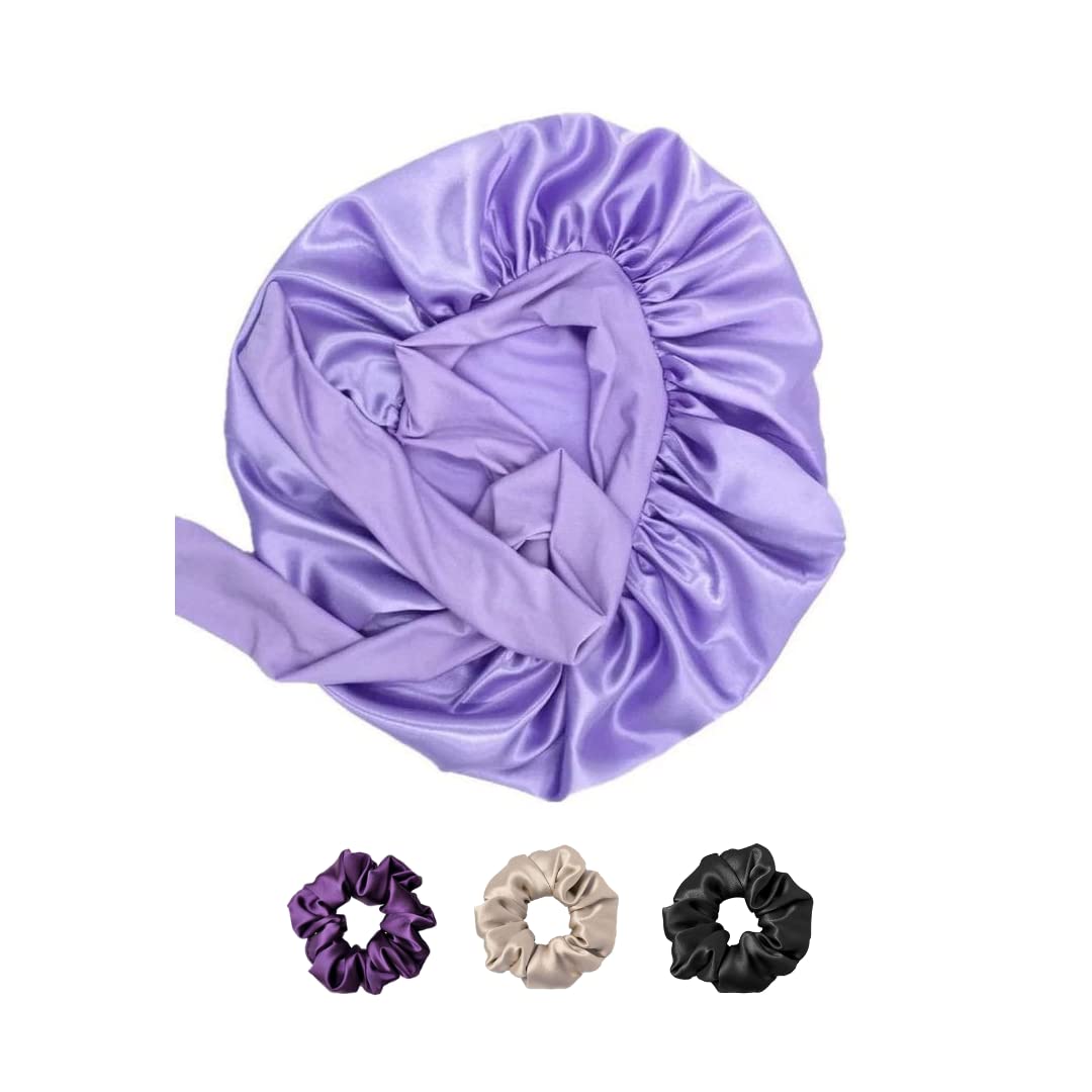Atrube Satin Silk Hair Bonnet Cap for Women with 3 Premium Scrunchies | Adjustable Tie Band for Curly Hair & Hair Protection | Soft Hair Wrap for Sleeping & Styling (Blue)