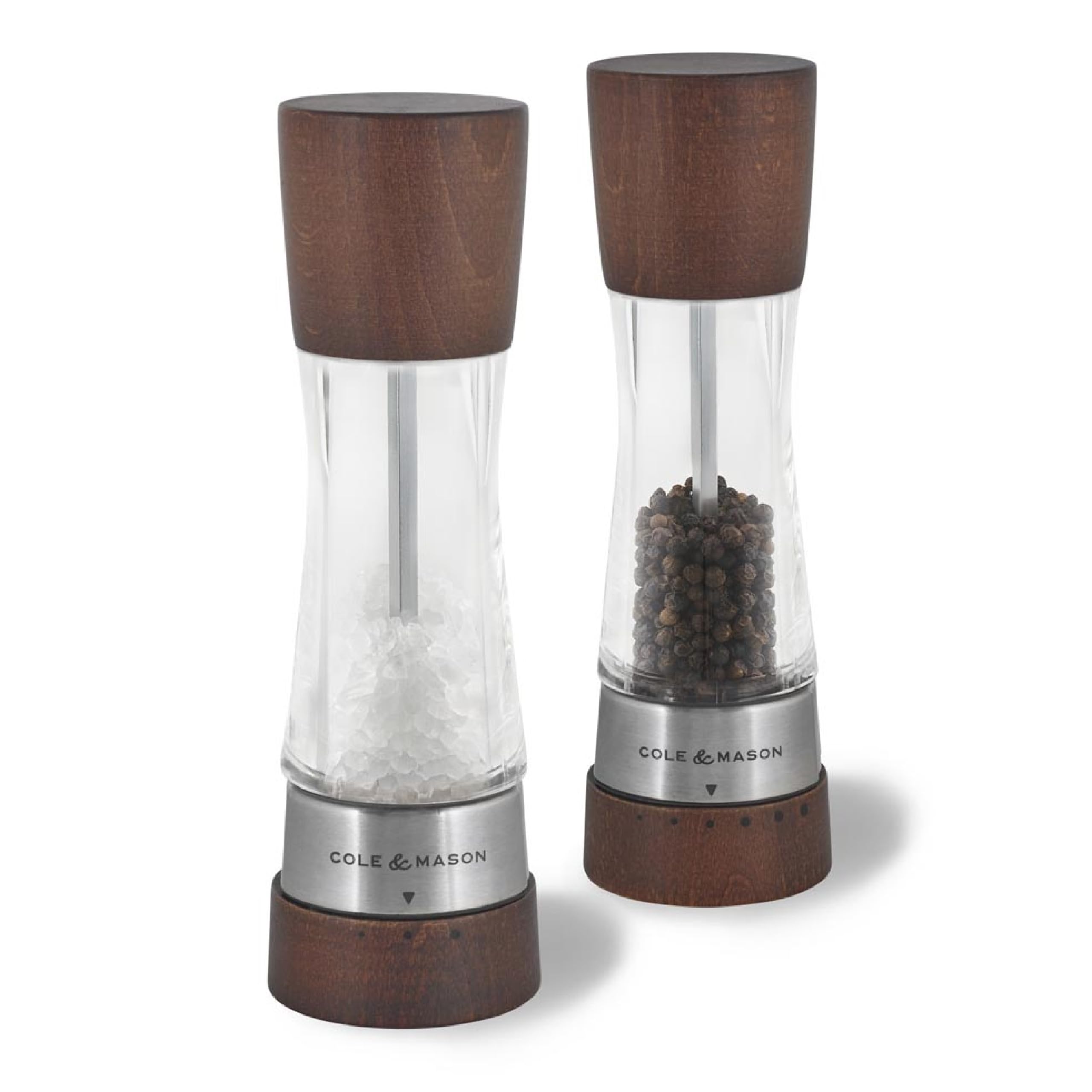 Cole & Mason Derwent Salt and Pepper Grinder Set - Premium Stainless Steel Precision Mechanism with Adjustable Coarseness, Includes Sea Salt & Peppercorns - Elegant Forest Wood Finish for Kitchen, Dining Table & Gourmet Cooking