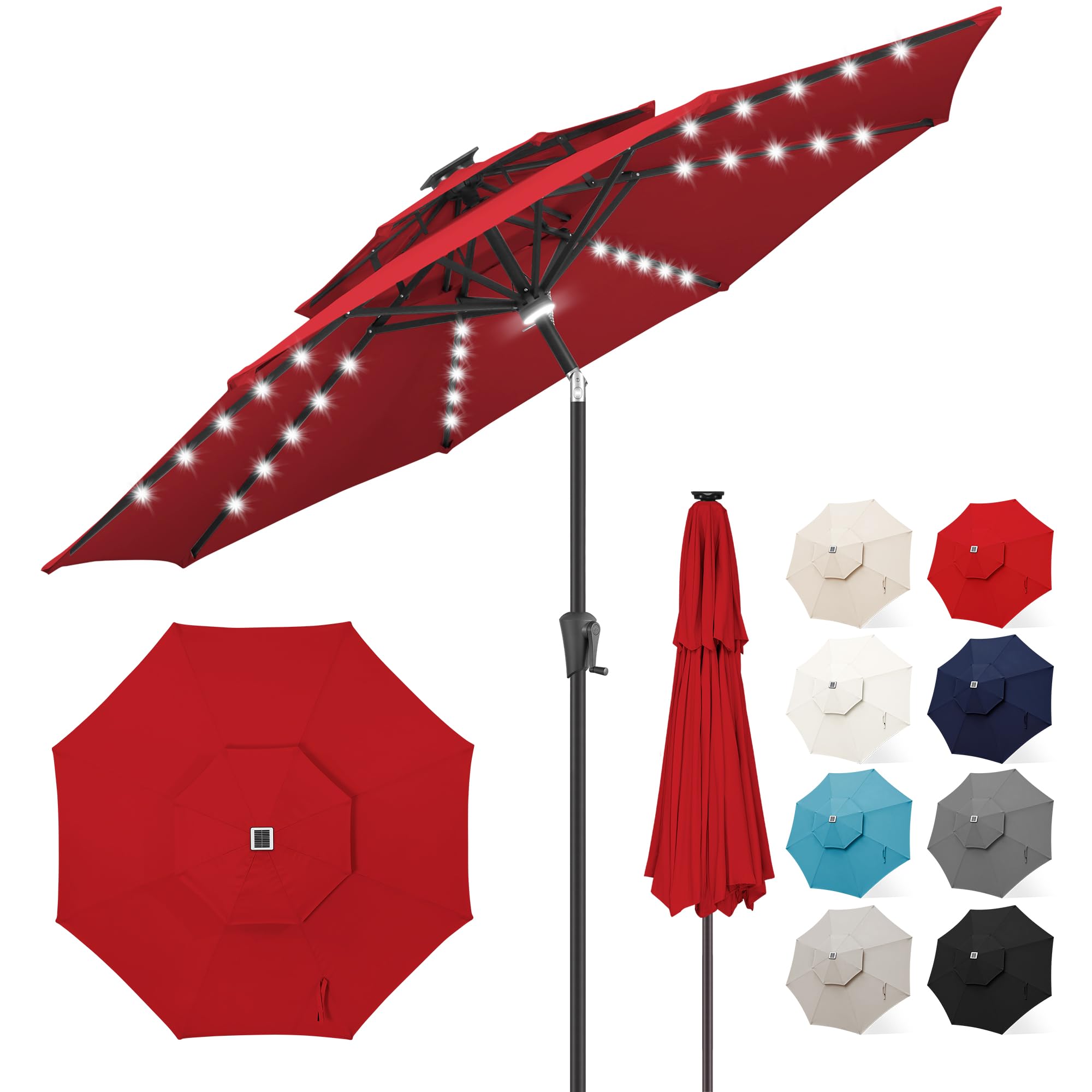 FLAME&SHADE 9ft Solar Powered LED Patio Umbrella with Tilt - Waterproof Outdoor Market Table Umbrella for Garden, Poolside & Backyard (Red)