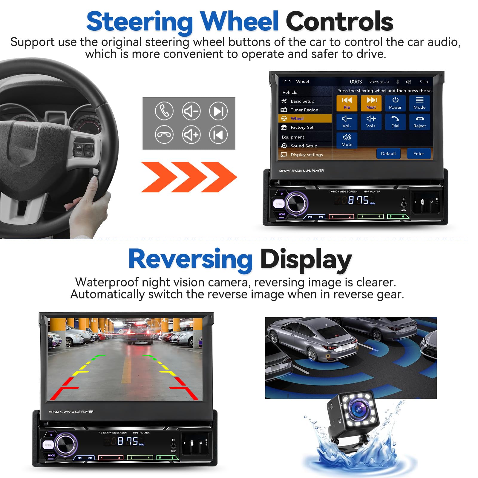 SIXTOP 7 Inch Flip Out Touchscreen Single Din Car Stereo - Wireless Apple CarPlay & Android Auto, Bluetooth 5.1, FM/AM/RDS Receiver, USB/AUX Input, Mirror Link for iPhone & Android - Includes MIC & Backup Camera for Easy Parking & Hands-Free Calling