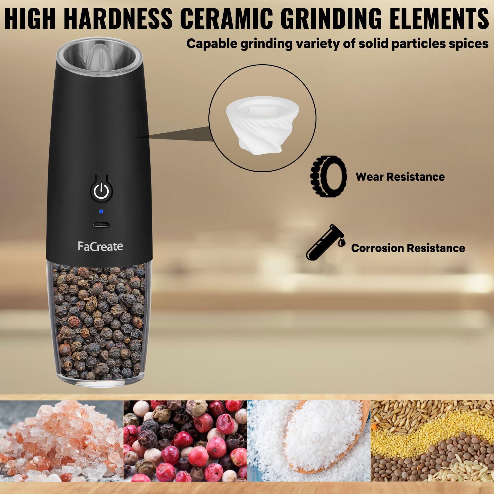 UPGRADED USB Rechargeable Electric Salt and Pepper Grinder Set - Battery Powered Automatic Mill with Adjustable Coarseness & LED Light - 2 Pack Black for Kitchen, Dining Table, Camping & Gifts