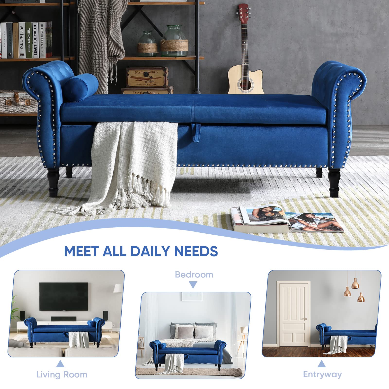 Mid Century Velvet Storage Ottoman Bench with Tufted Upholstery & Toss Pillow - Small Foot of Bed Bench for Bedroom, Entryway, Hallway & Living Room - Perfect for Extra Seating & Hidden Storage (Blue)