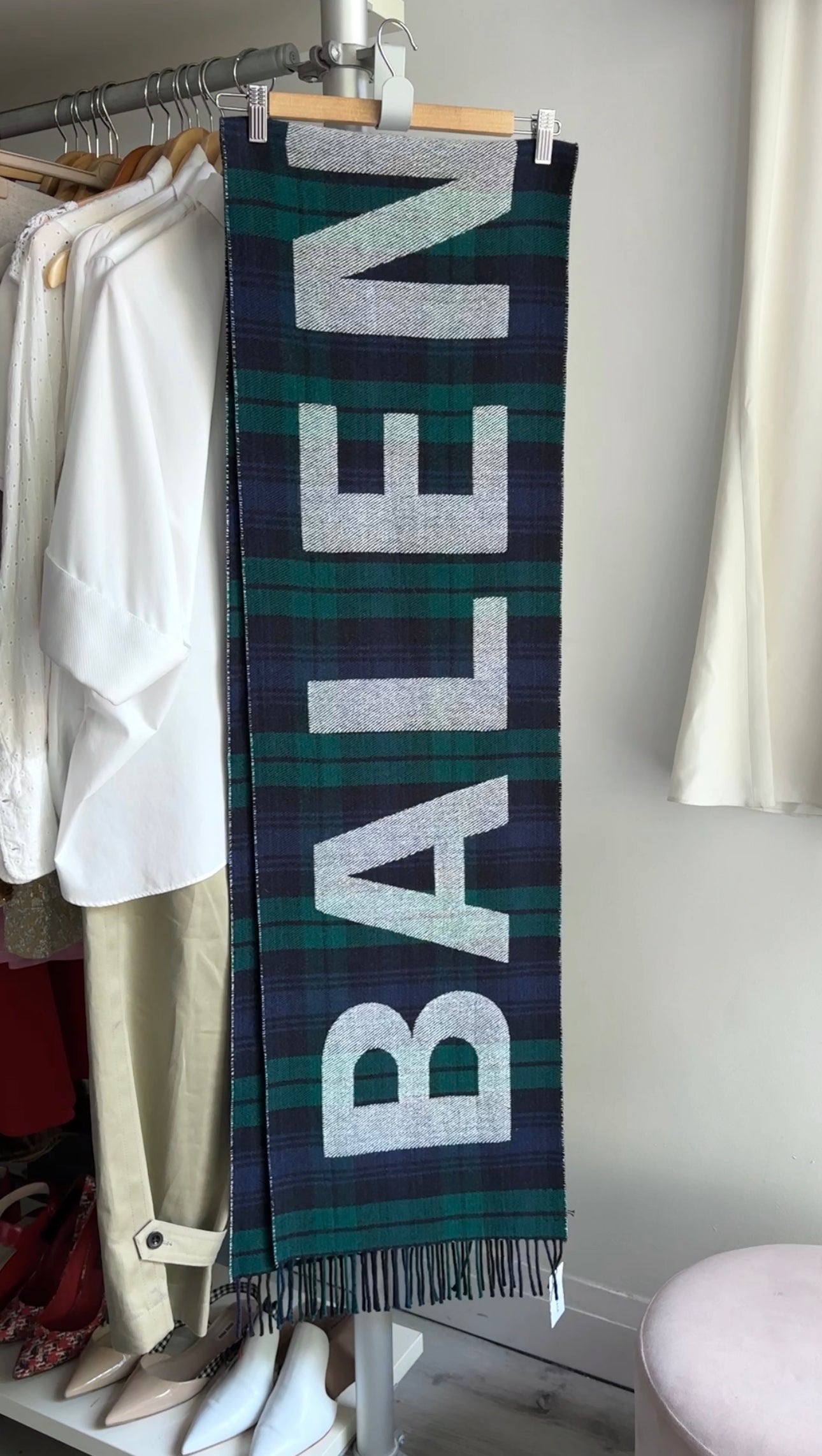 Balenciaga Green Check Wool Oversized Logo Scarf - Luxury Winter Fashion Accessory for Women & Men - Perfect for Cold Weather, Travel & Street Style