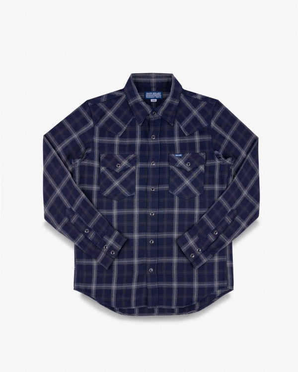 Iron Heart IHSH 411 9oz Selvedge Indigo Check Flannel Western Shirt for Men - Black Plaid Workwear Shirt for Casual & Outdoor Wear